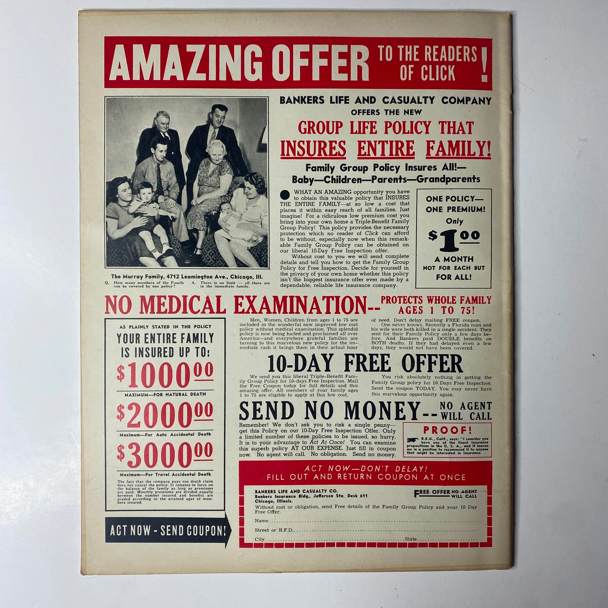 Advertisement page from Click Magazine July 1941 promoting family insurance policies with an emphasis on security; reflects cultural and societal norms of the era. Title: Click Magazine July 1941 Vol. 4, No. 7 Fascists Hate American Catholics.