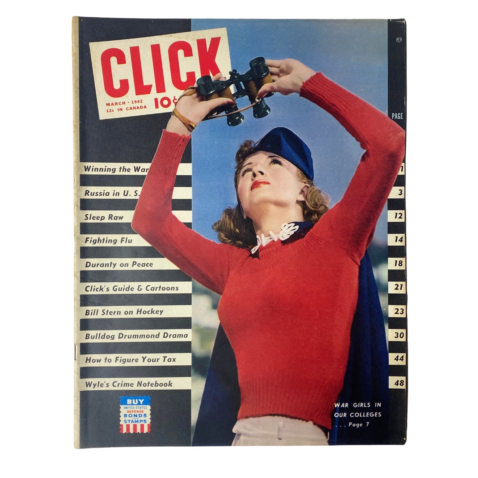 Cover of Click Magazine March 1942 Vol. 5, No. 3 featuring a woman in a red sweater holding binoculars, with the headline 'War Girls in Our Colleges'.