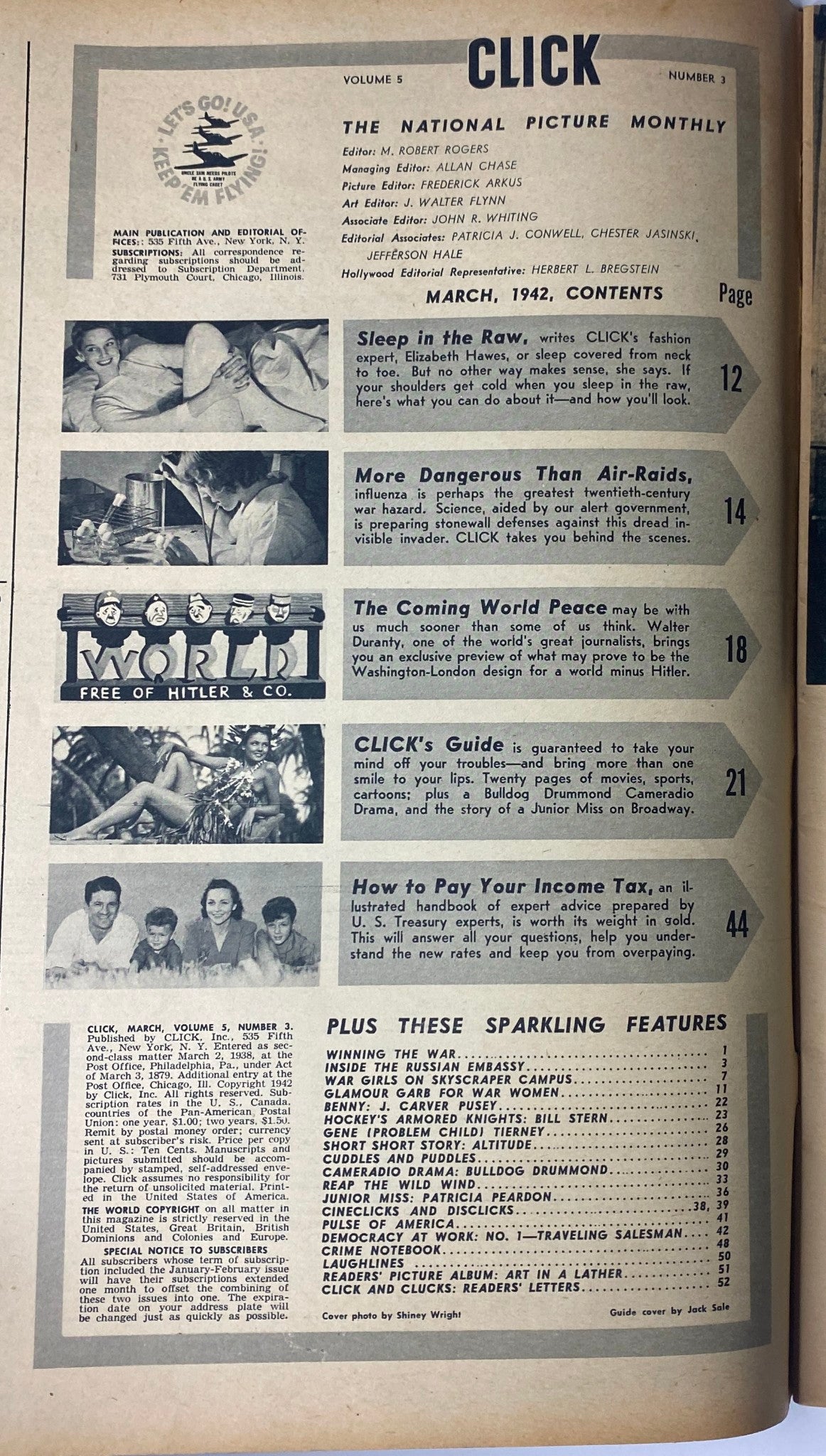 Contents page of Click Magazine March 1942 Vol. 5, No. 3 highlighting articles like 'Sleep in the Raw' and 'More Dangerous Than Air-Raids'.
