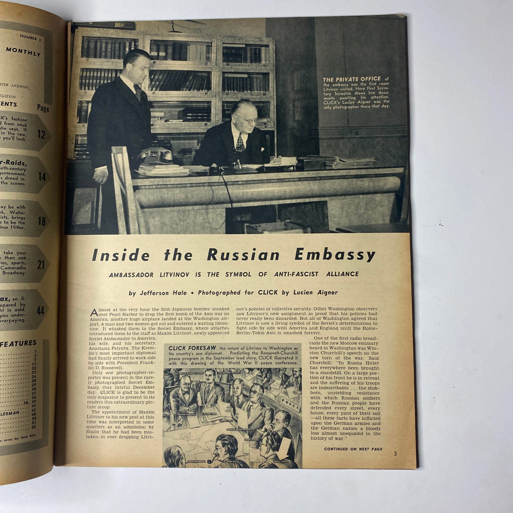 Article page inside Click Magazine March 1942 Vol. 5, No. 3 showcasing 'Inside the Russian Embassy' with an image of Ambassador Litvinov.