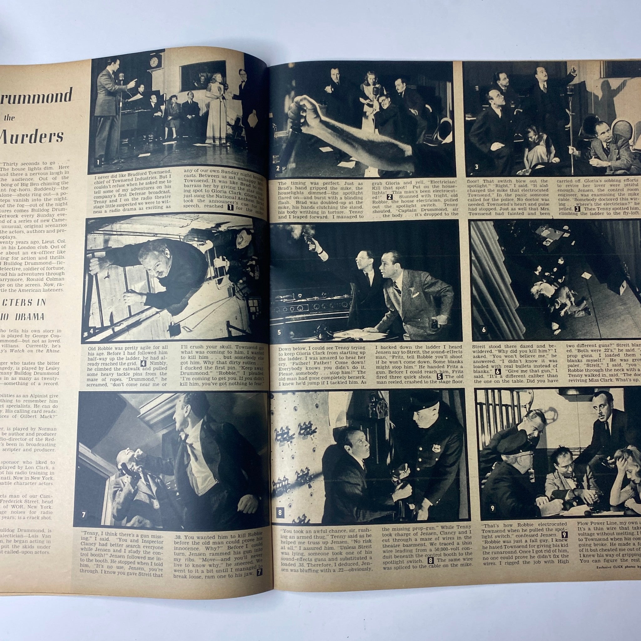 Illustrated article spread from Click Magazine March 1942 Vol. 5, No. 3 detailing scenes from 'Bulldog Drummond Drama'.