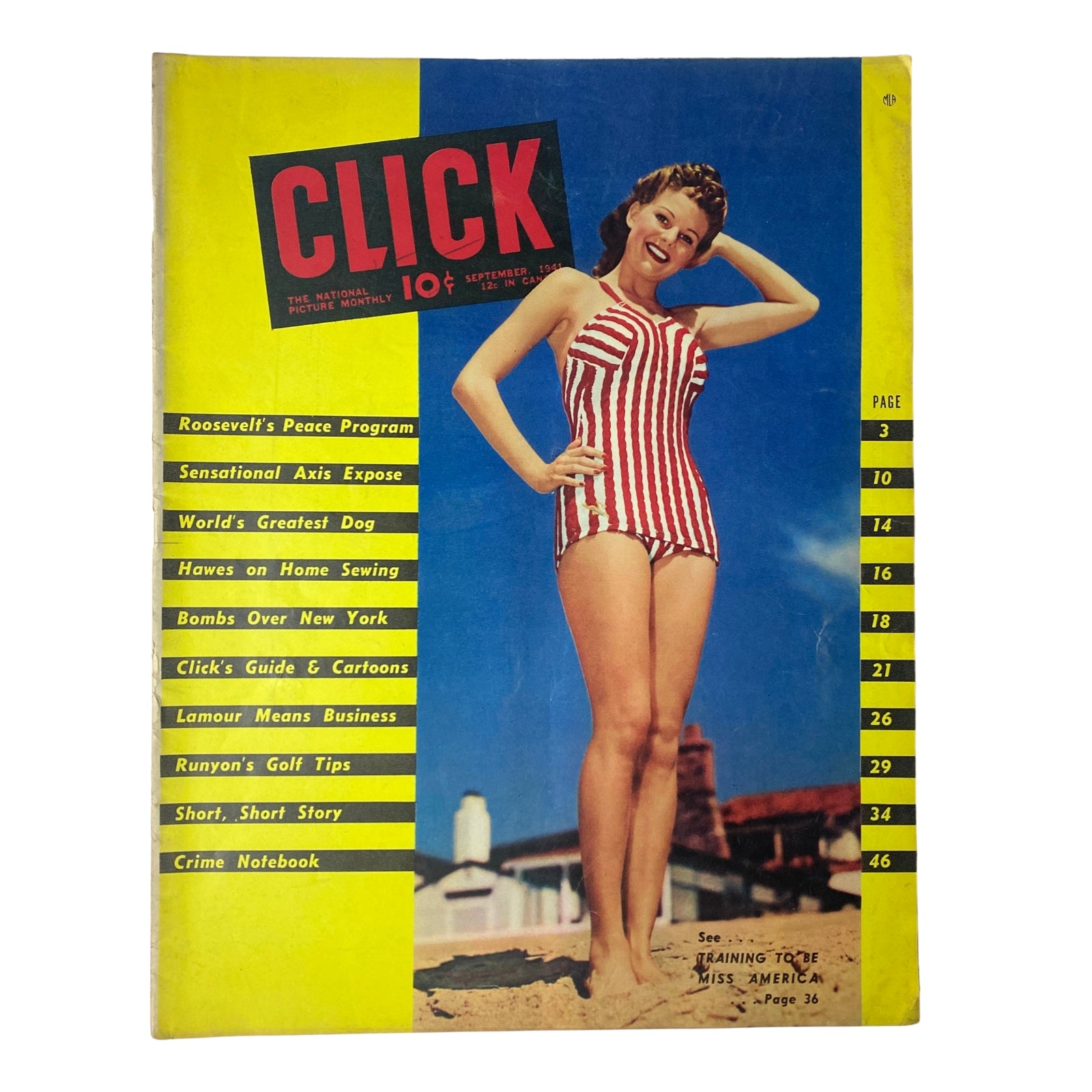 Cover of Click Magazine September 1941, Vol. 4, No. 9 featuring a woman in a striped swimsuit, with the title 'Training To Be Miss America' prominently displayed.