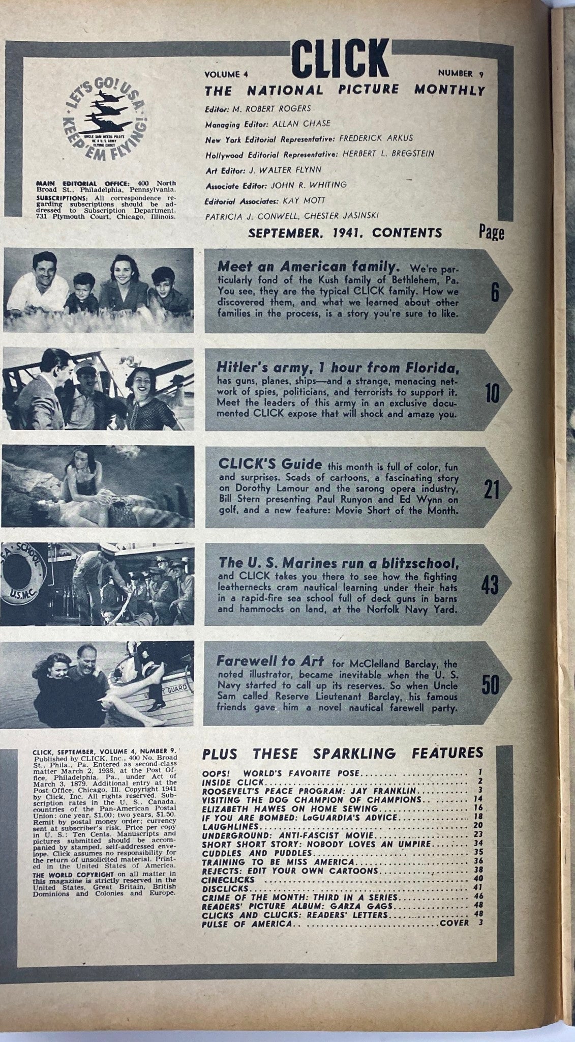 Contents page of Click Magazine September 1941, Vol. 4, No. 9 outlining feature articles including 'Meet an American Family' and 'Hitler's Army, 1 Hour from Florida'.