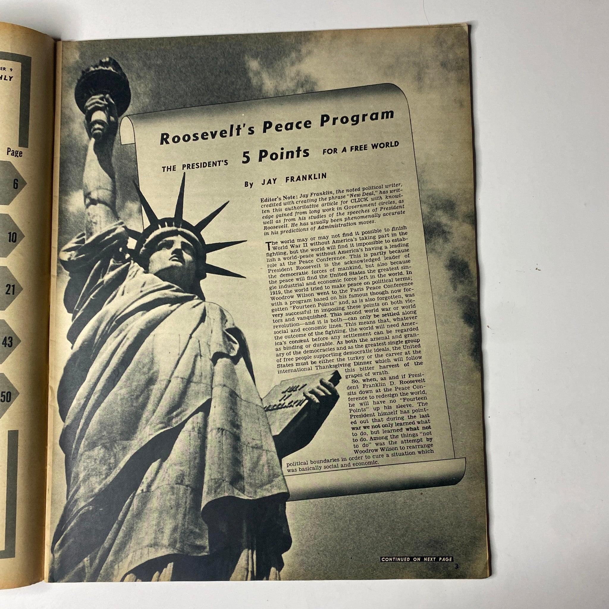 Page featuring 'Roosevelt's Peace Program' in Click Magazine September 1941, Vol. 4, No. 9, with an image of the Statue of Liberty and text discussing the President's points for a free world.