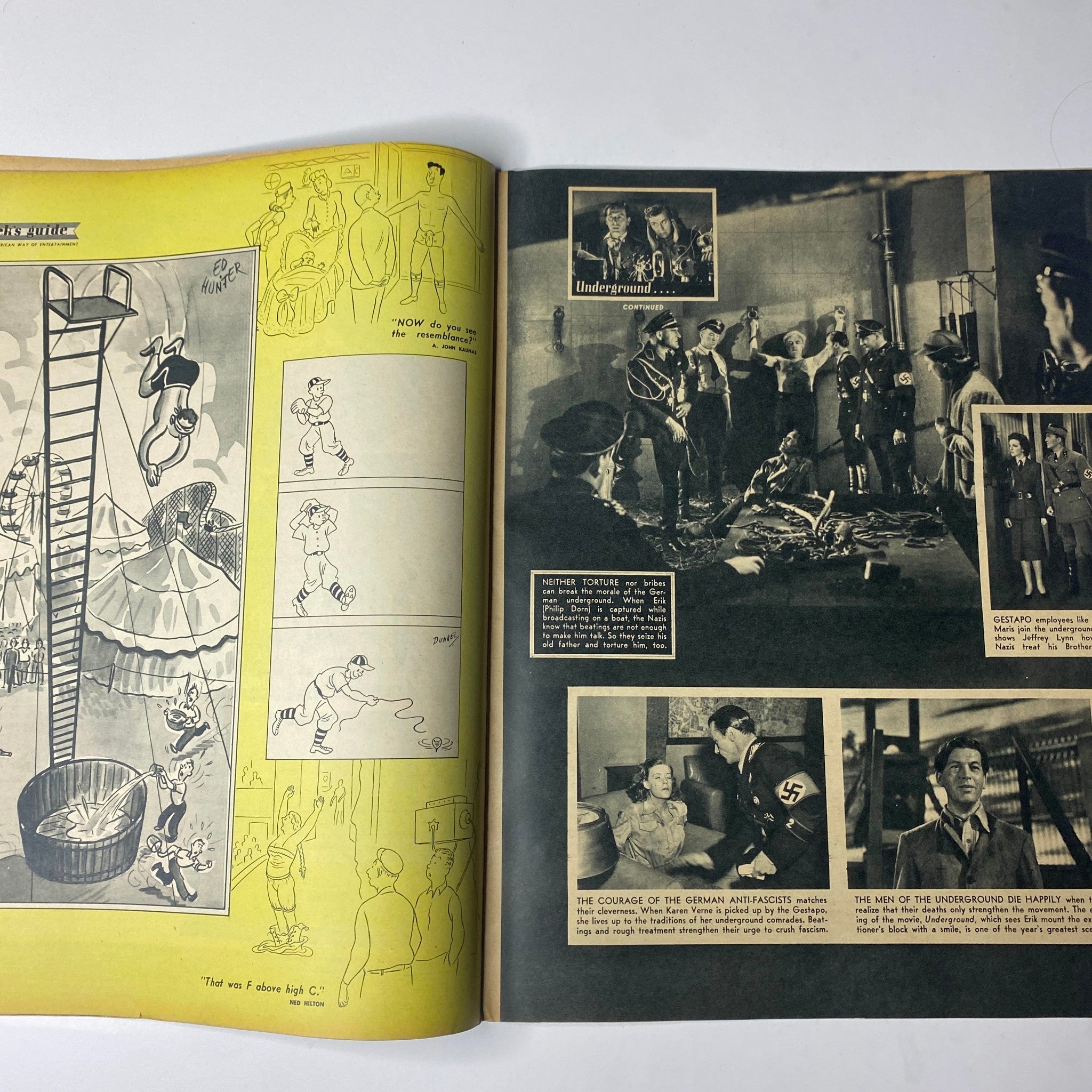 Editorial spread from Click Magazine September 1941, Vol. 4, No. 9, showcasing cartoons and images related to propaganda during WWII, including 'Underground: An Anti-Fascist Film'.
