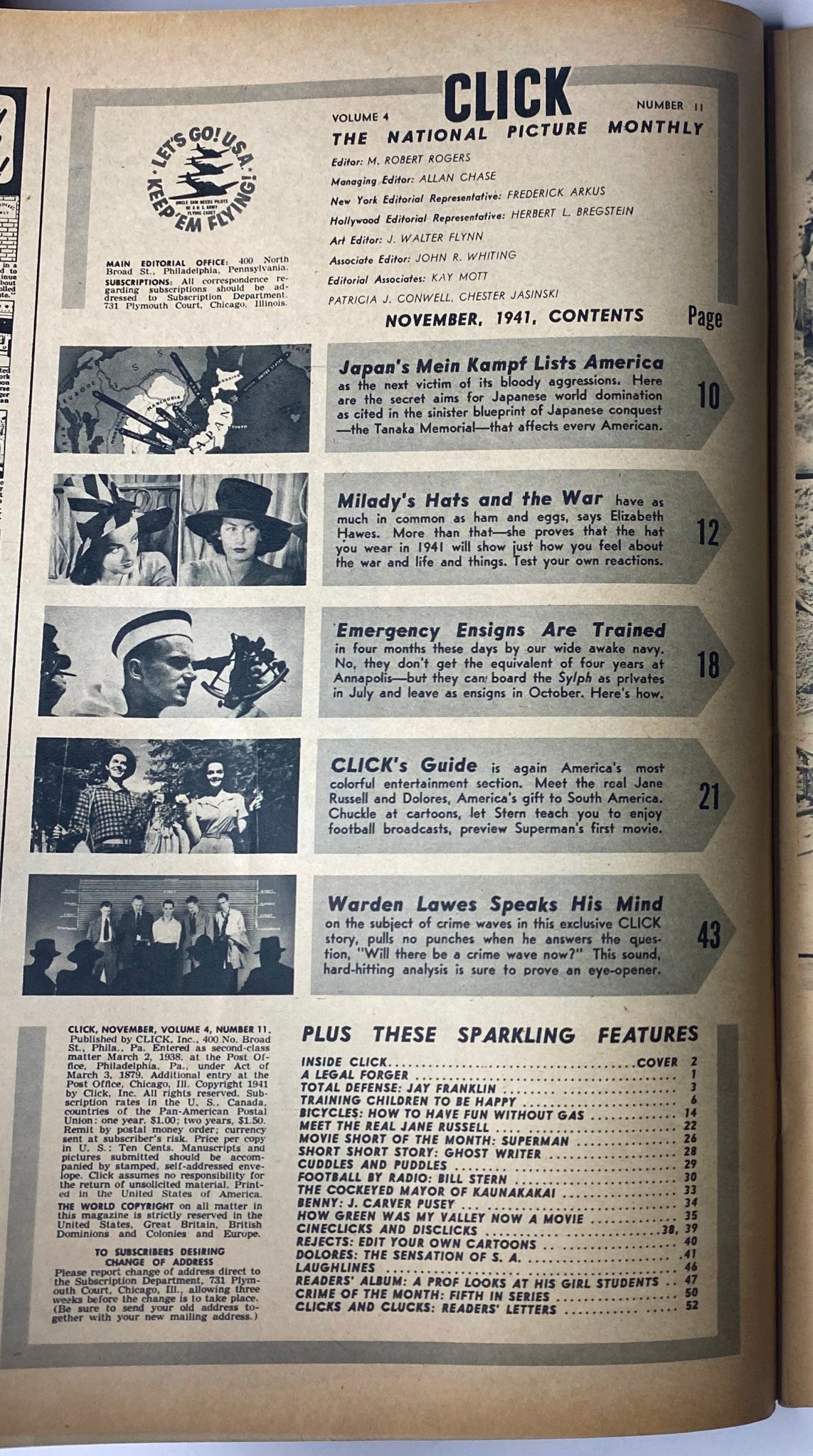 Table of contents for Click Magazine November 1941, Volume 4, Number 11 showcasing featured articles such as Japan's Mein Kampf Lists America and Warden Lawes Speaks His Mind.