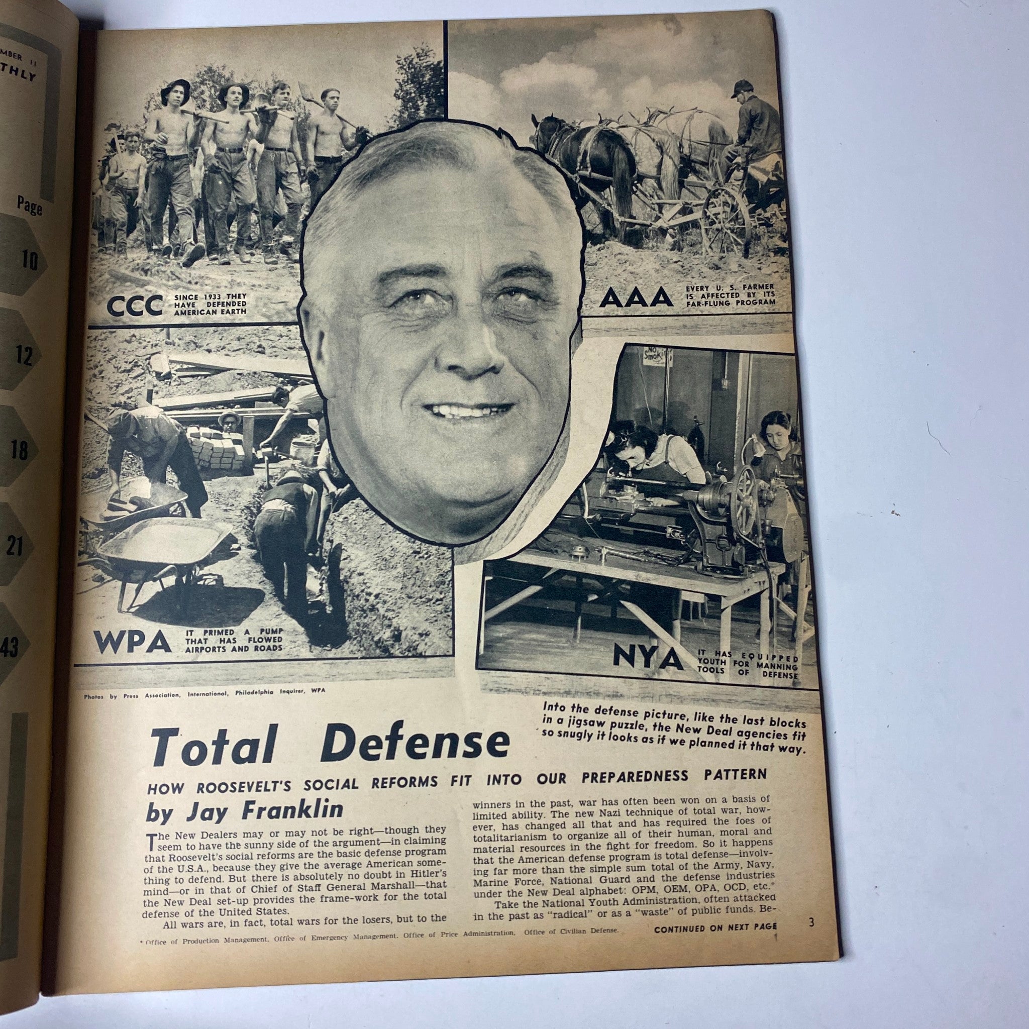 An article spread from Click Magazine November 1941, Volume 4, Number 11 discussing Total Defense with a large image of Franklin D. Roosevelt.