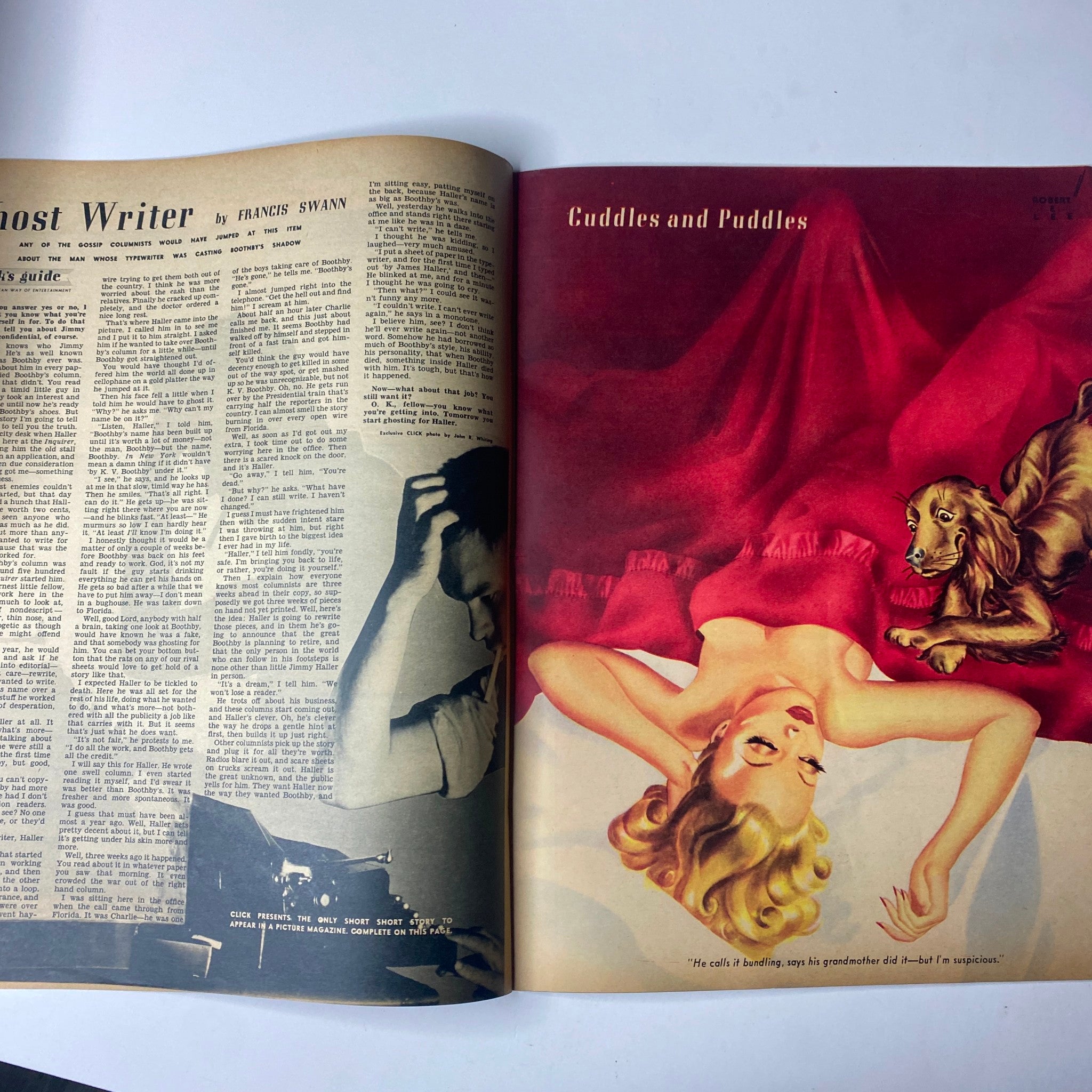 A two-page article spread from Click Magazine November 1941, Volume 4, Number 11 featuring Ghost Writer by Frances Swann and an illustration of a woman with a dog.