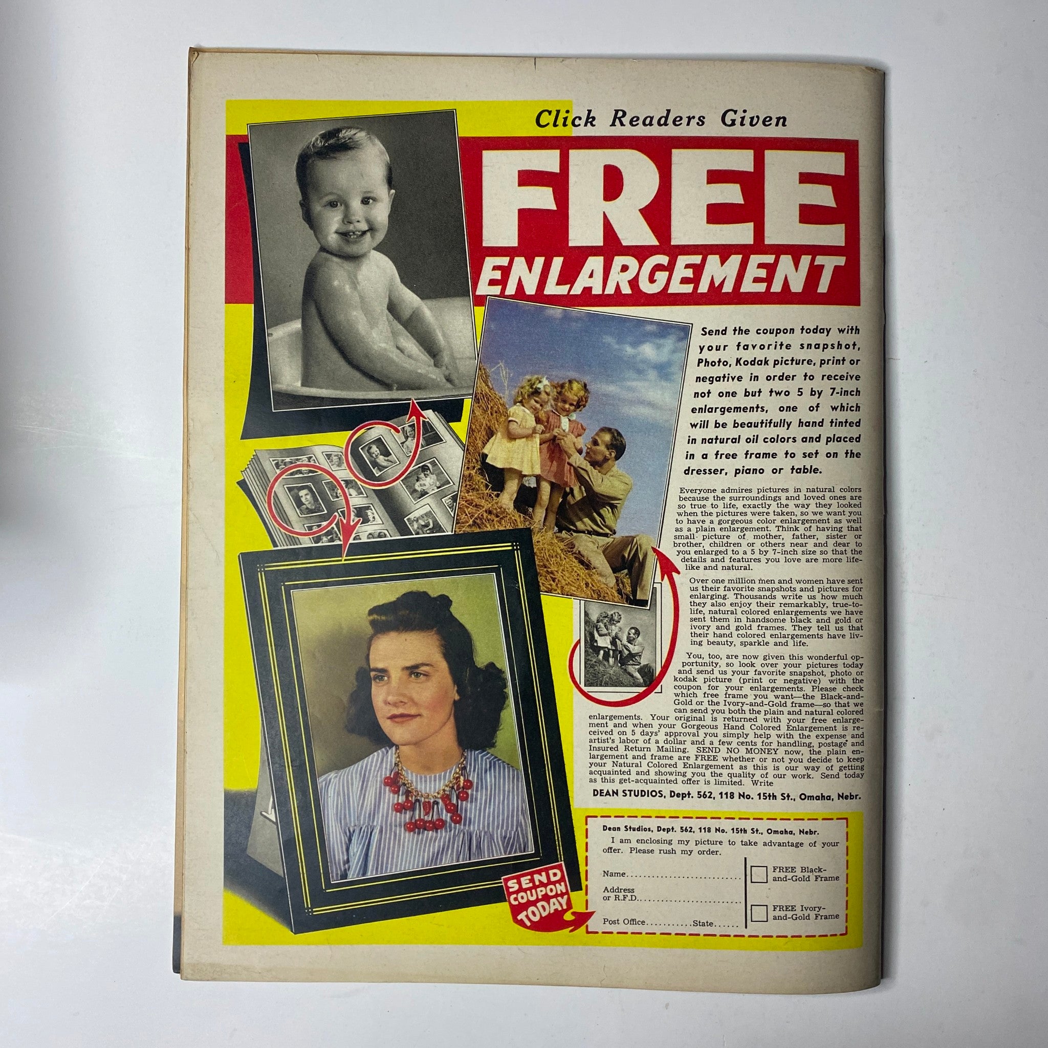 Back cover of Click Magazine November 1941, Volume 4, Number 11 advertising free enlargement service with images of readers and families.