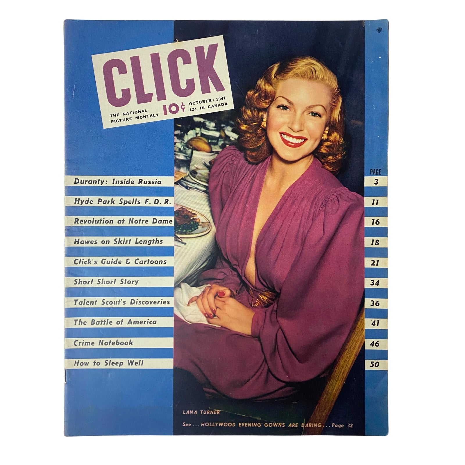 Cover of Click Magazine, October 1941, Volume 4, No. 10 featuring Lana Turner in a vibrant purple dress, highlighting key articles such as 'Hyde Park Spells F.D.R.' and 'Skirt Lengths Should Vary'.