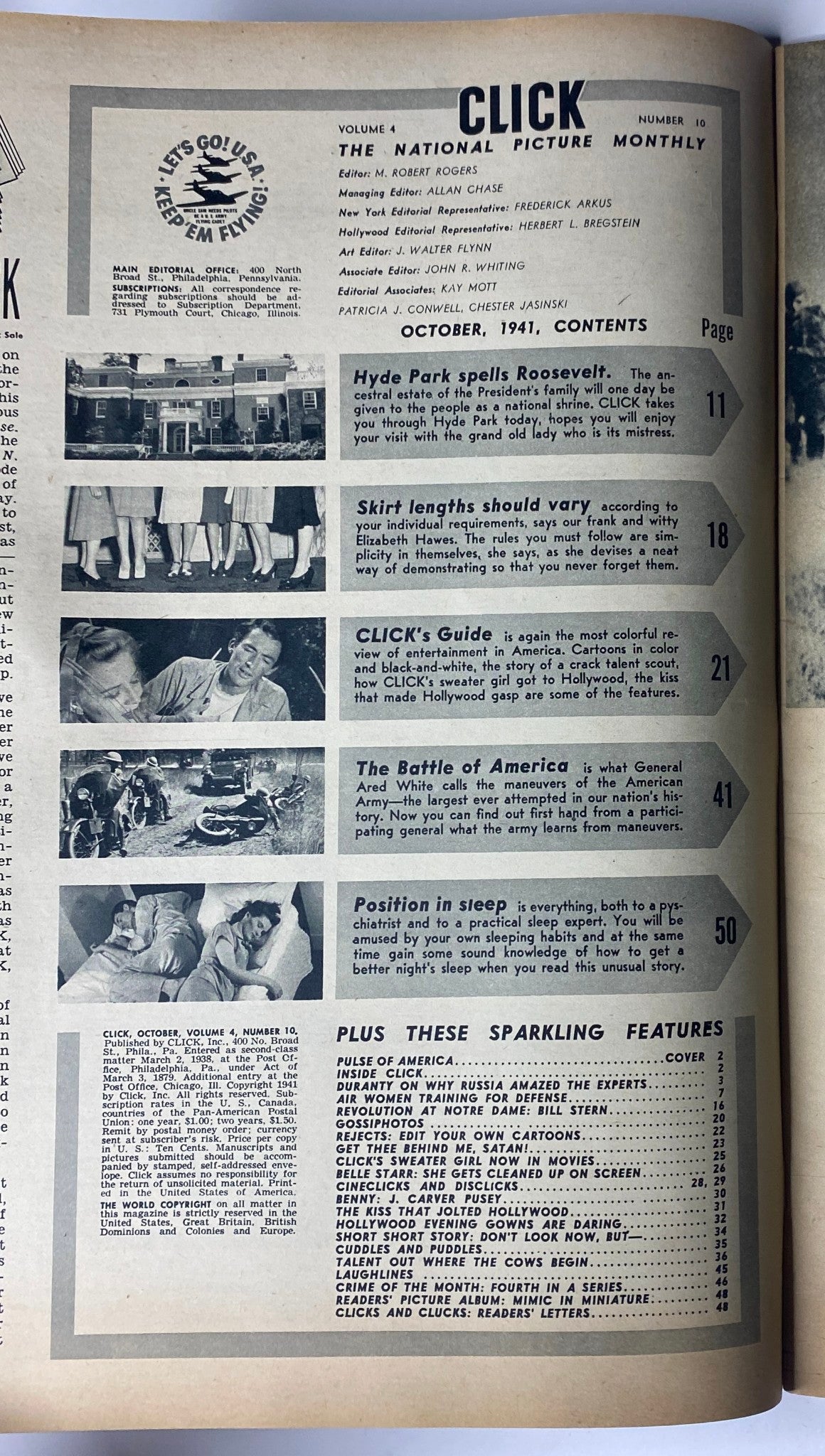 Contents page of Click Magazine, October 1941, detailing articles including 'Hyde Park Spells Roosevelt', 'Skirt Lengths Should Vary', and features on American culture during WWII.