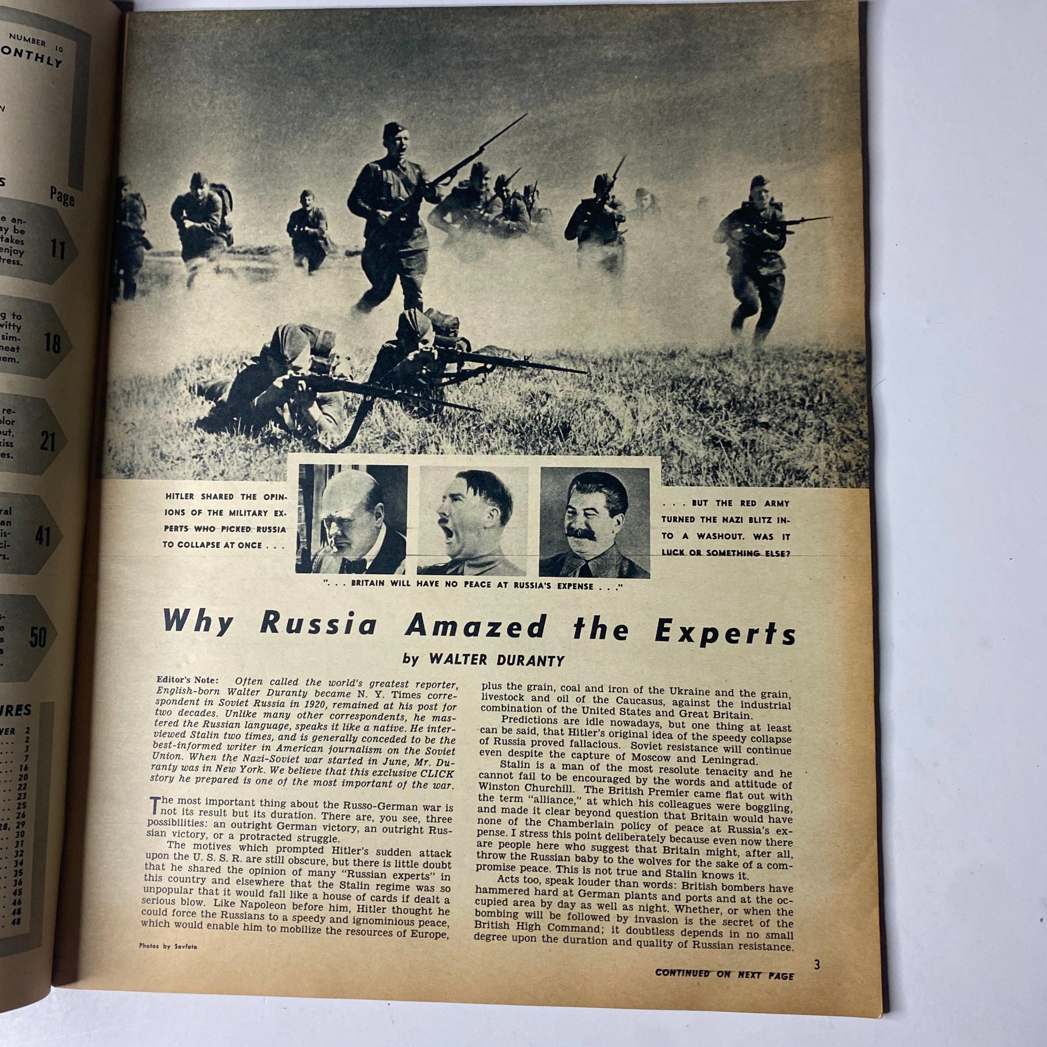 Article page titled 'Why Russia Amazed the Experts' in Click Magazine, October 1941, with historical context on Russia's military strategies and wartime commentary.