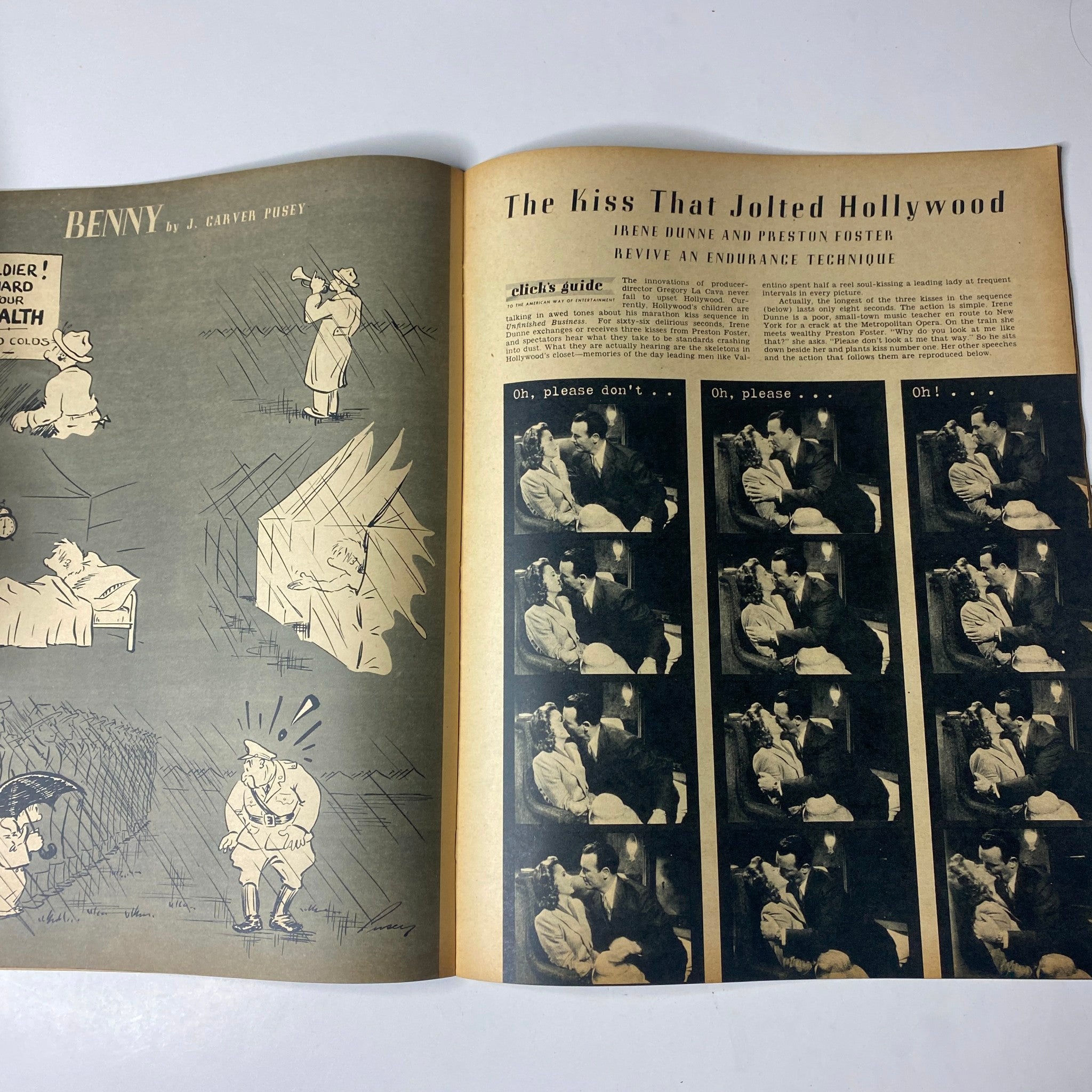 Illustrated article page from Click Magazine, October 1941, featuring the segment 'The Kiss That Jolted Hollywood', accompanied by humorous cartoons and visual storytelling.