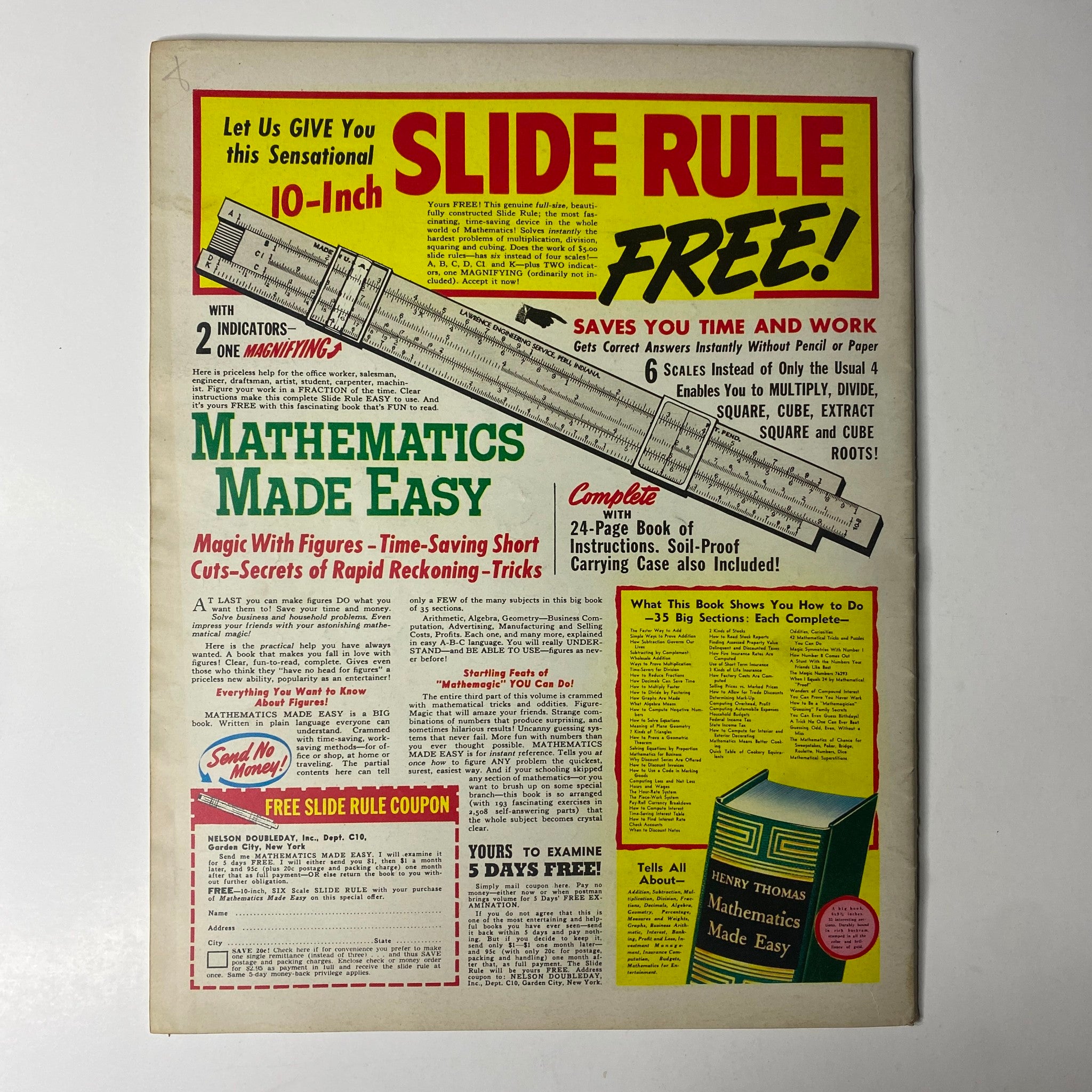 Advertisement page from Click Magazine, October 1941, offering a free slide rule and showcasing products related to mathematics and problem-solving methods.