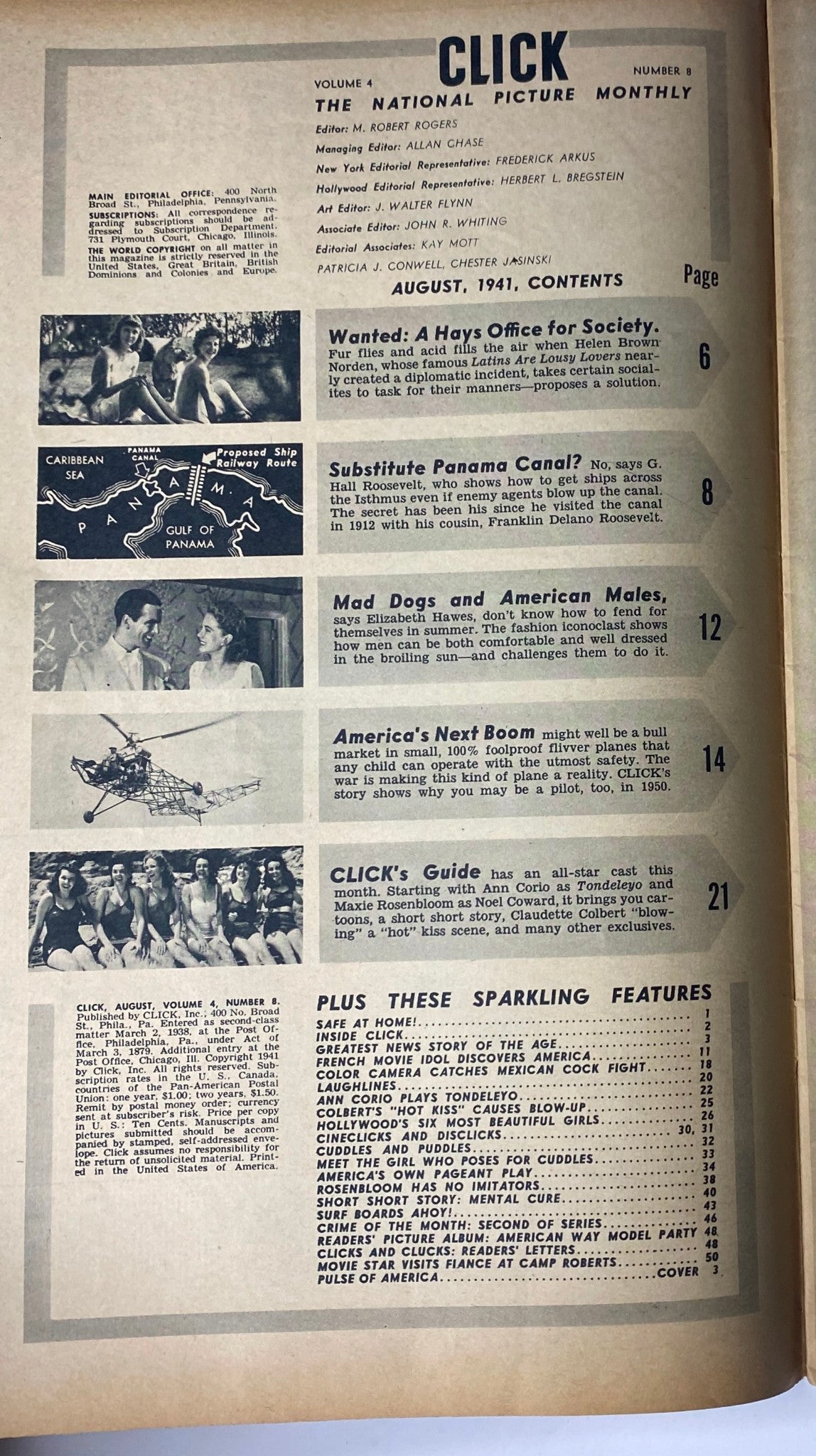 Contents page of Click Magazine August 1941 Vol. 4, No. 8, listing articles including social commentaries and fashion insights.