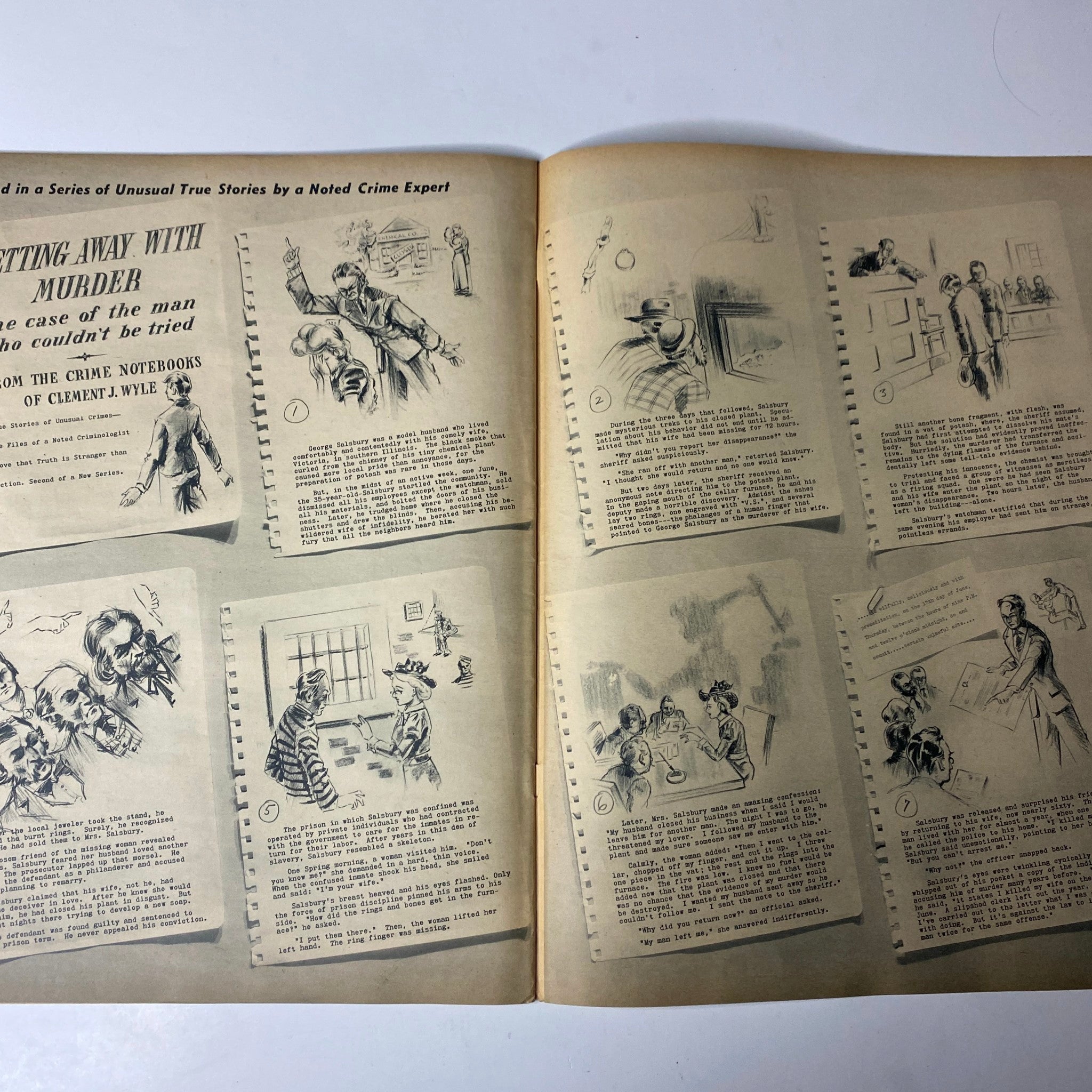 Inside spread of Click Magazine August 1941 Vol. 4, No. 8, illustrating a crime story with sketches related to crime investigations.