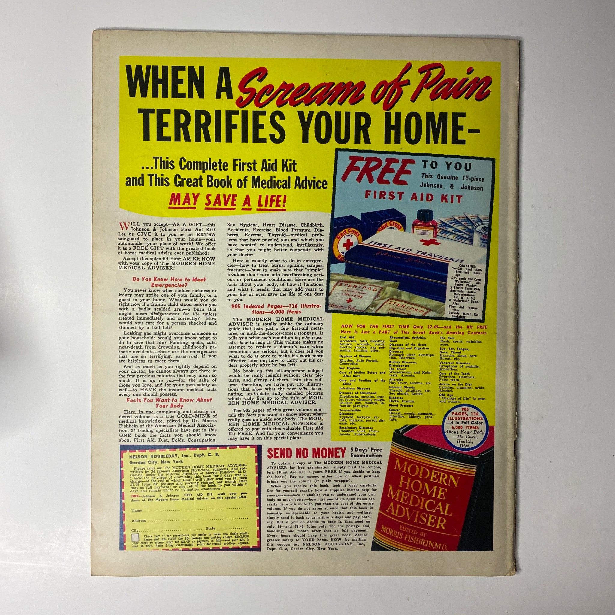 Advertisement page in Click Magazine August 1941 Vol. 4, No. 8, promoting first aid kits and medical advice, reflecting wartime health concerns.