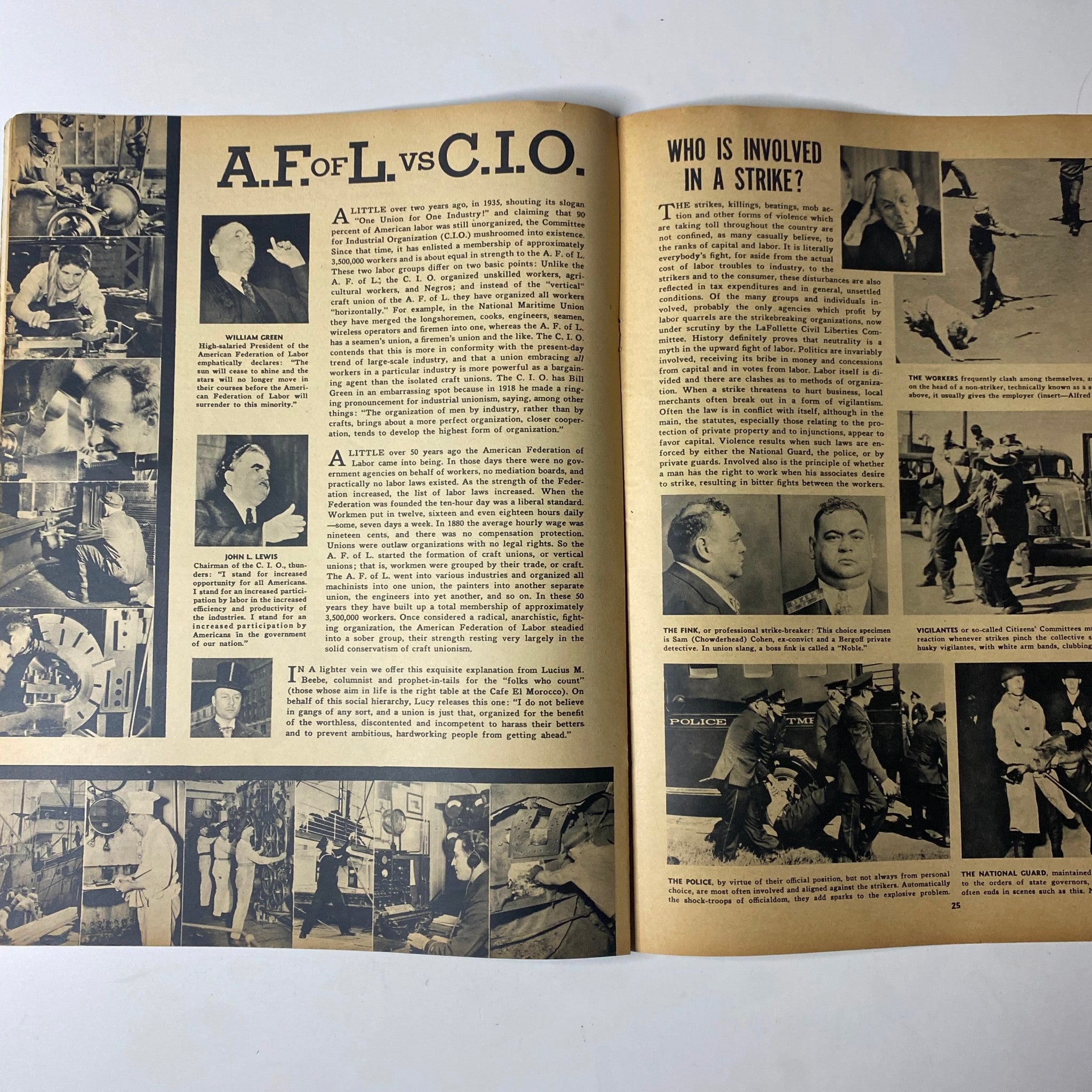 Focus Magazine April 1938 Vol 1 No. 1 'Birth of a Dummy' showcasing the article 'A. F. of L. vs. C. I. O.' with images related to labor union conflicts.