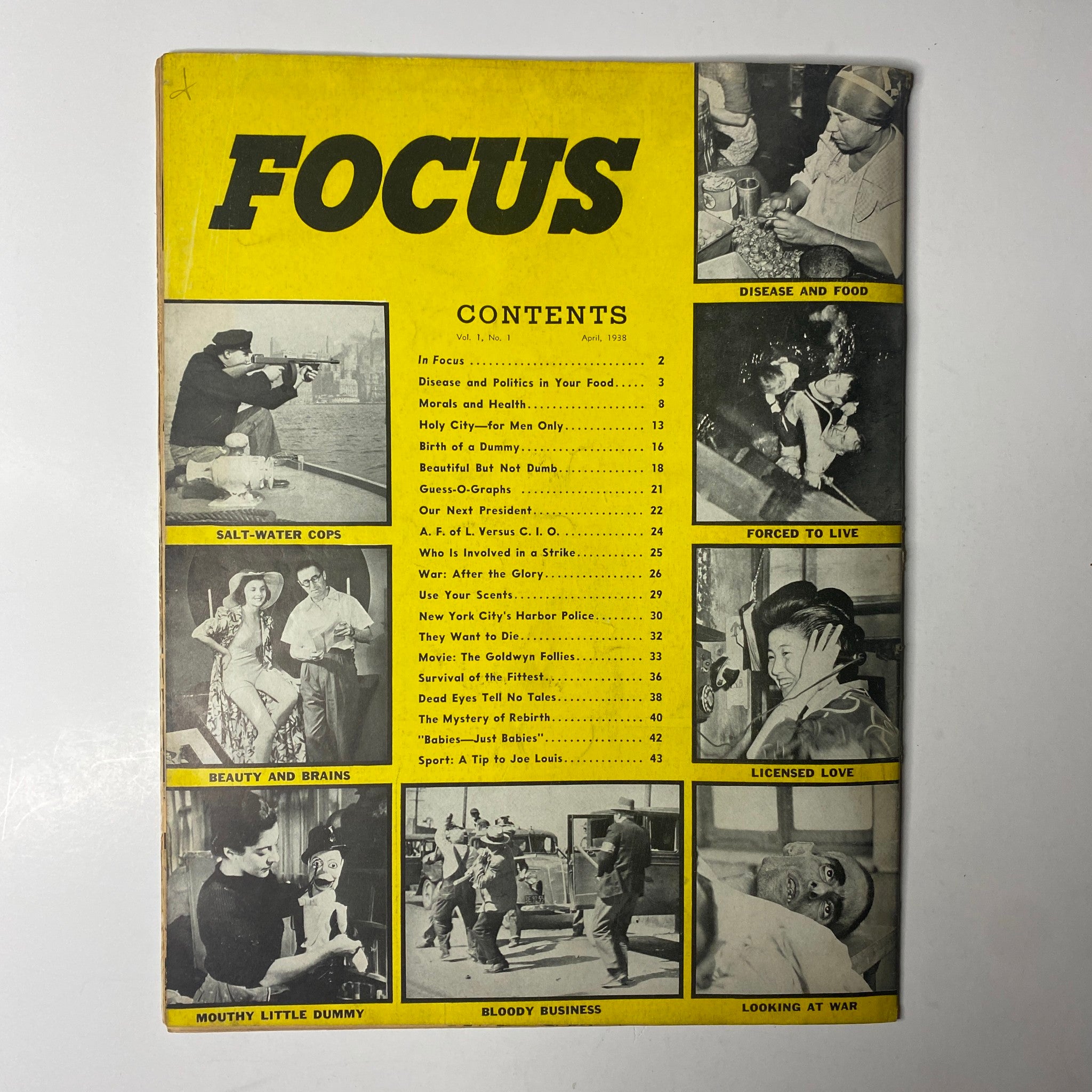 Focus Magazine April 1938 Vol 1 No. 1 'Birth of a Dummy' displaying the cover illustrating various content topics including 'Salt-Water Cops' and 'Licensed Love.'