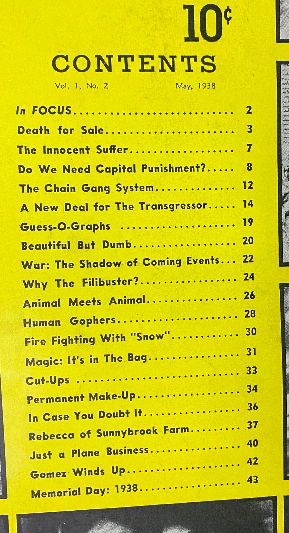 Focus Magazine May 1938 showcasing the table of contents including articles like 'Death for Sale', 'The Chain Gang System', and 'Do We Need Capital Punishment?'.