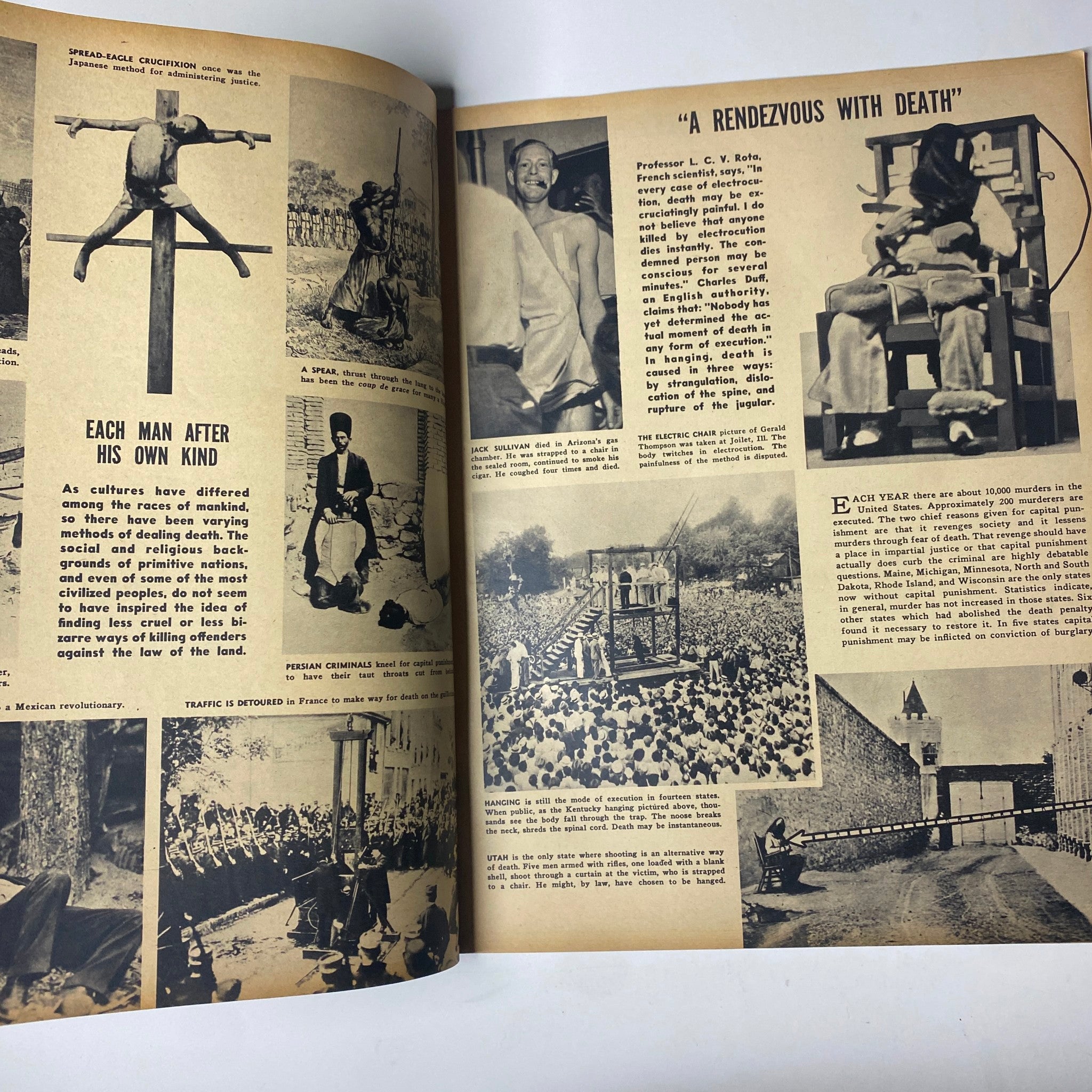 Focus Magazine May 1938 displaying a spread with historical images related to criminal justice and penal labor, illustrating the article 'A Rendezvous With Death'. The images provide a visual context to the societal issues discussed in the issue.