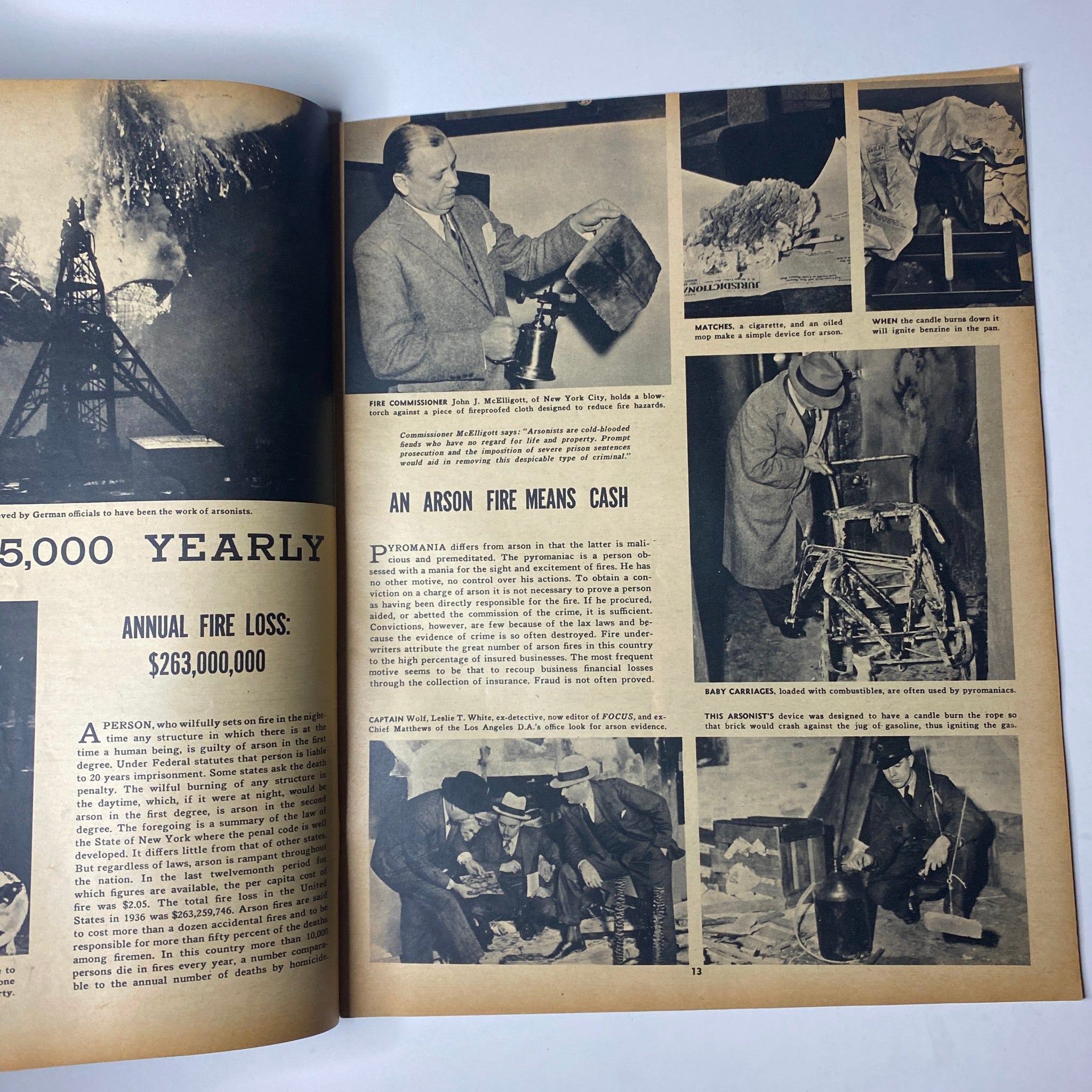 Article spread from Focus Magazine June 1938, Vol. 1 No. 3, detailing an investigation on arson crimes and their consequences.