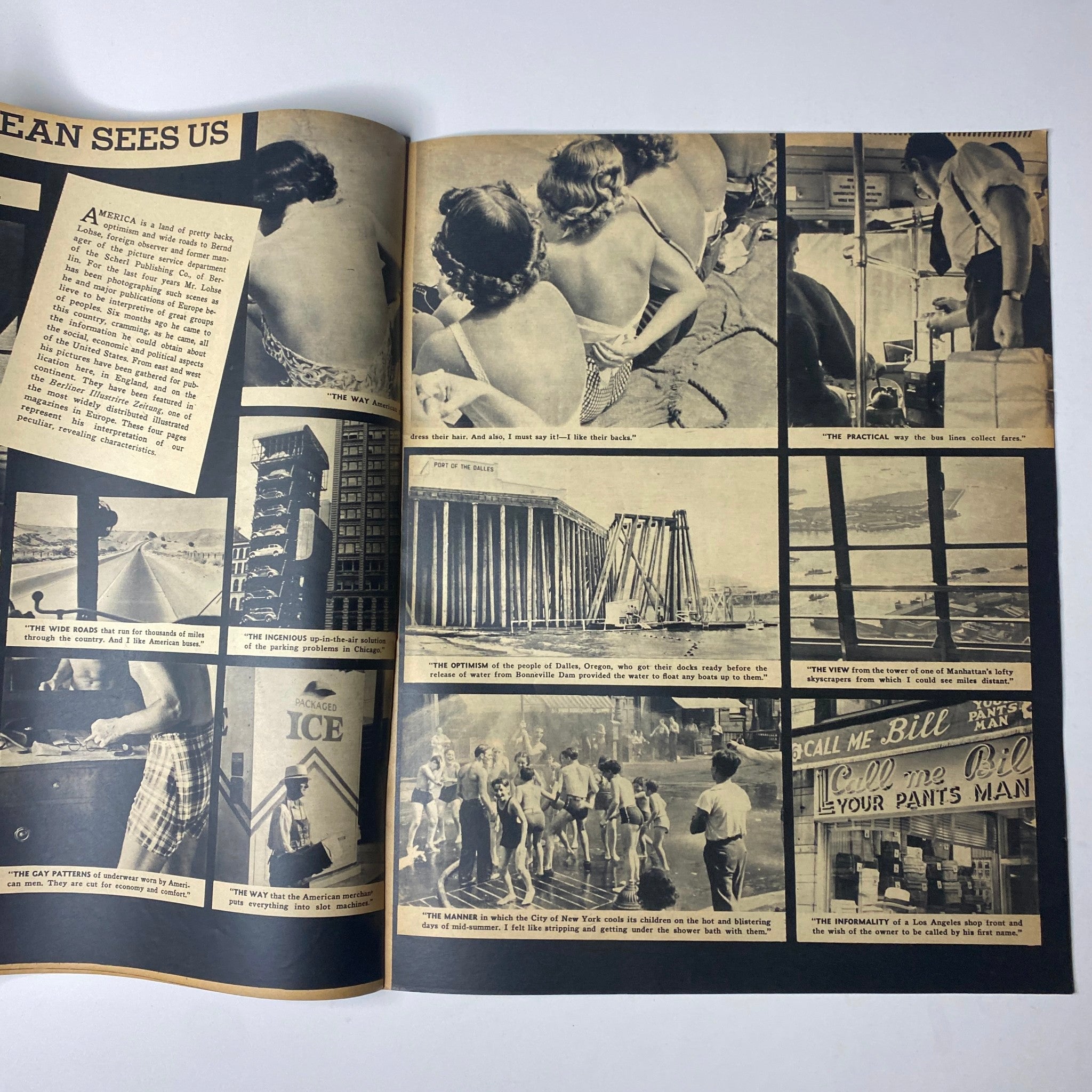 Page from Focus Magazine June 1938, Vol. 1 No. 3, showing images related to the feature 'A European Sees Us', showcasing American culture through European eyes.