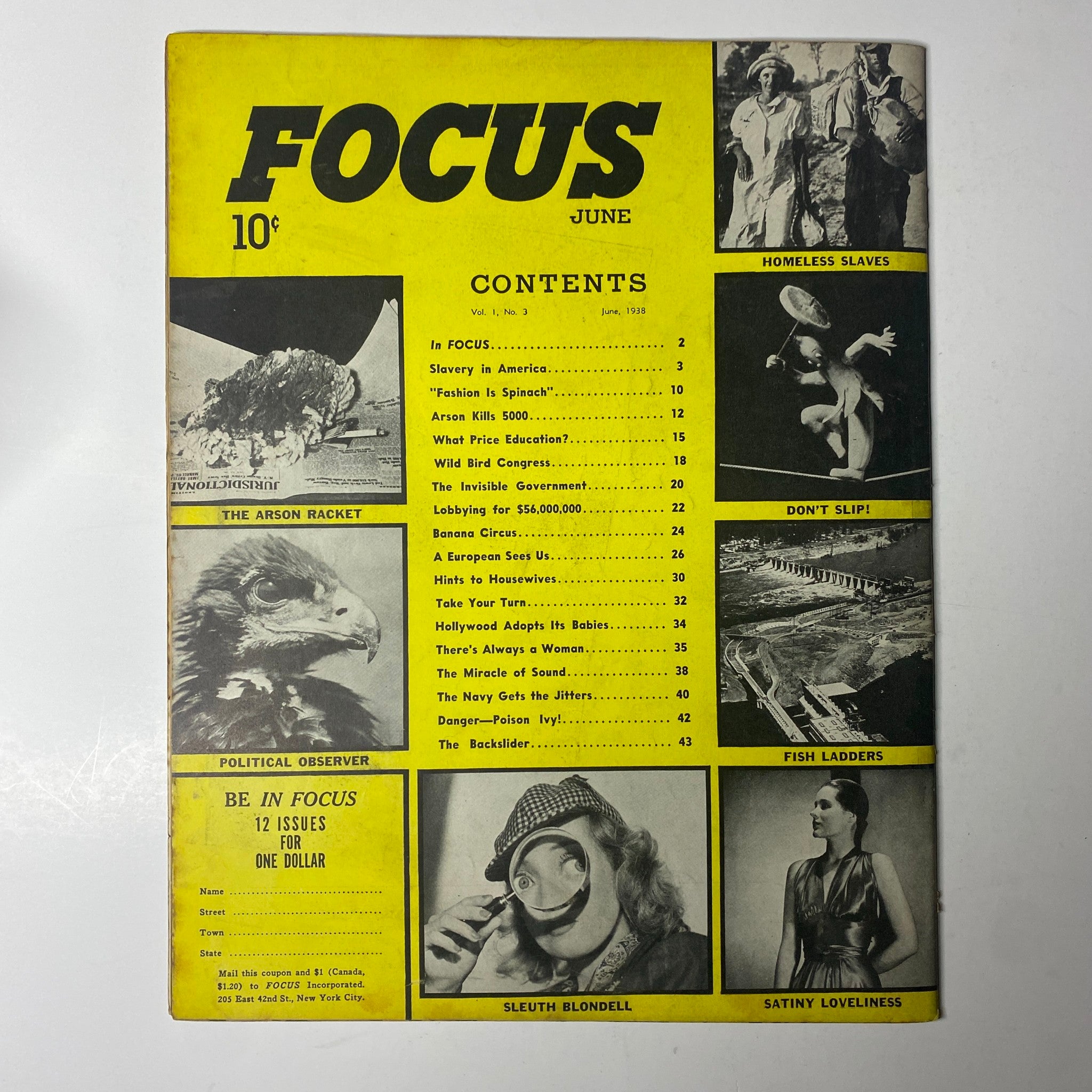 Cover of Focus Magazine June 1938, Vol. 1 No. 3, highlighting key topics like 'Slavery in America' and various cultural features.