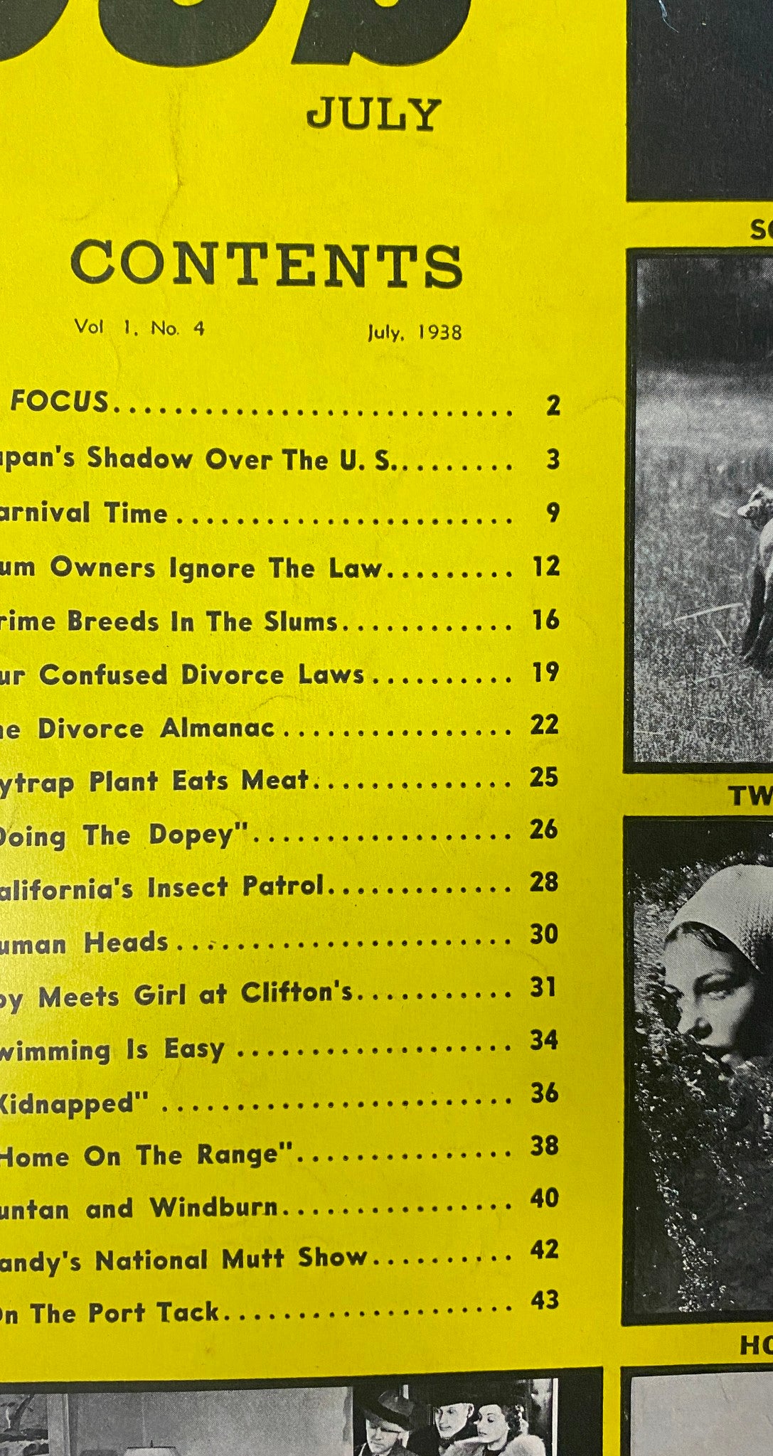 Contents page from Focus Magazine July 1938 Vol 1 No. 4, featuring articles like 'Japan's Shadow Over The U.S.' and 'Slum Owners Ignore the Law.'