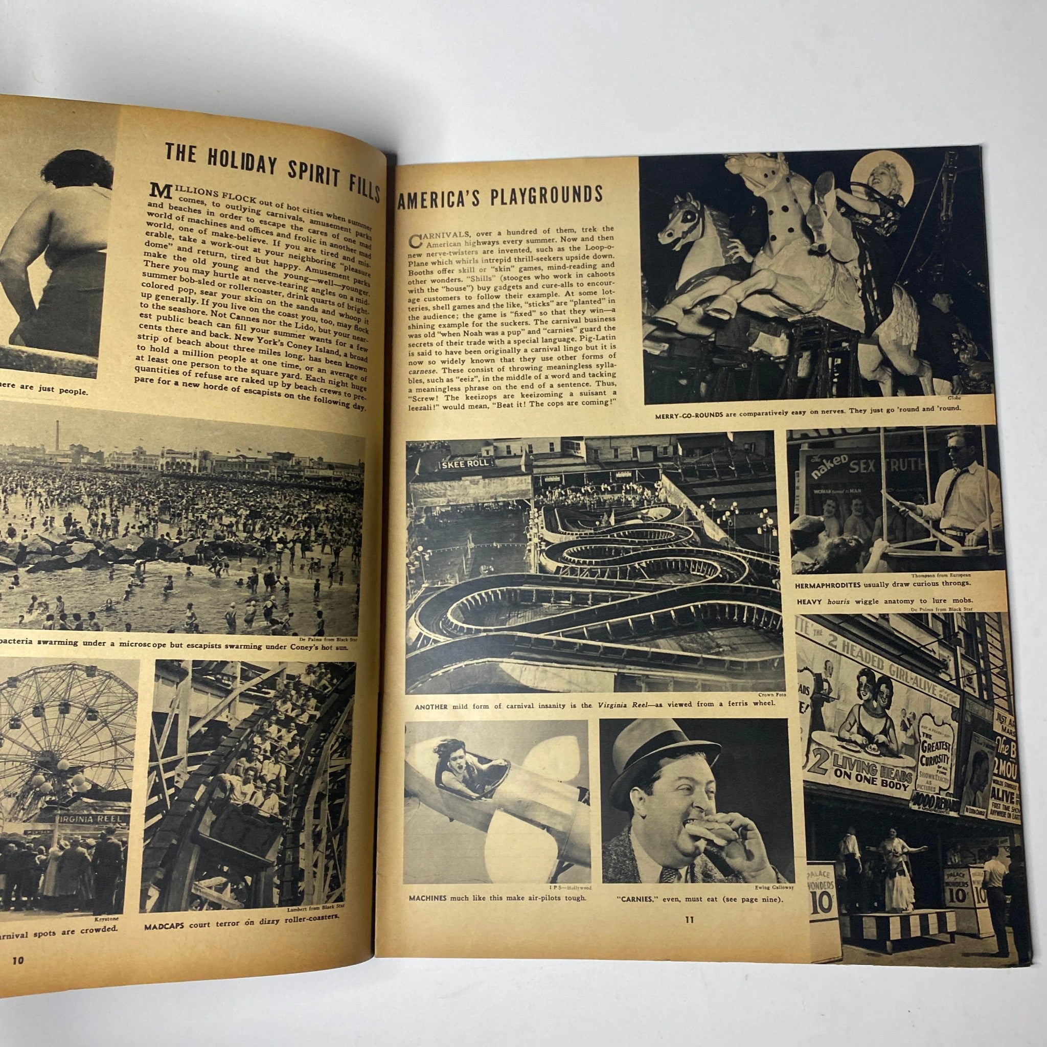 Inside spread of Focus Magazine July 1938 Vol 1 No. 4, showcasing recreational activities and attractions with images of amusement parks and beachgoers.