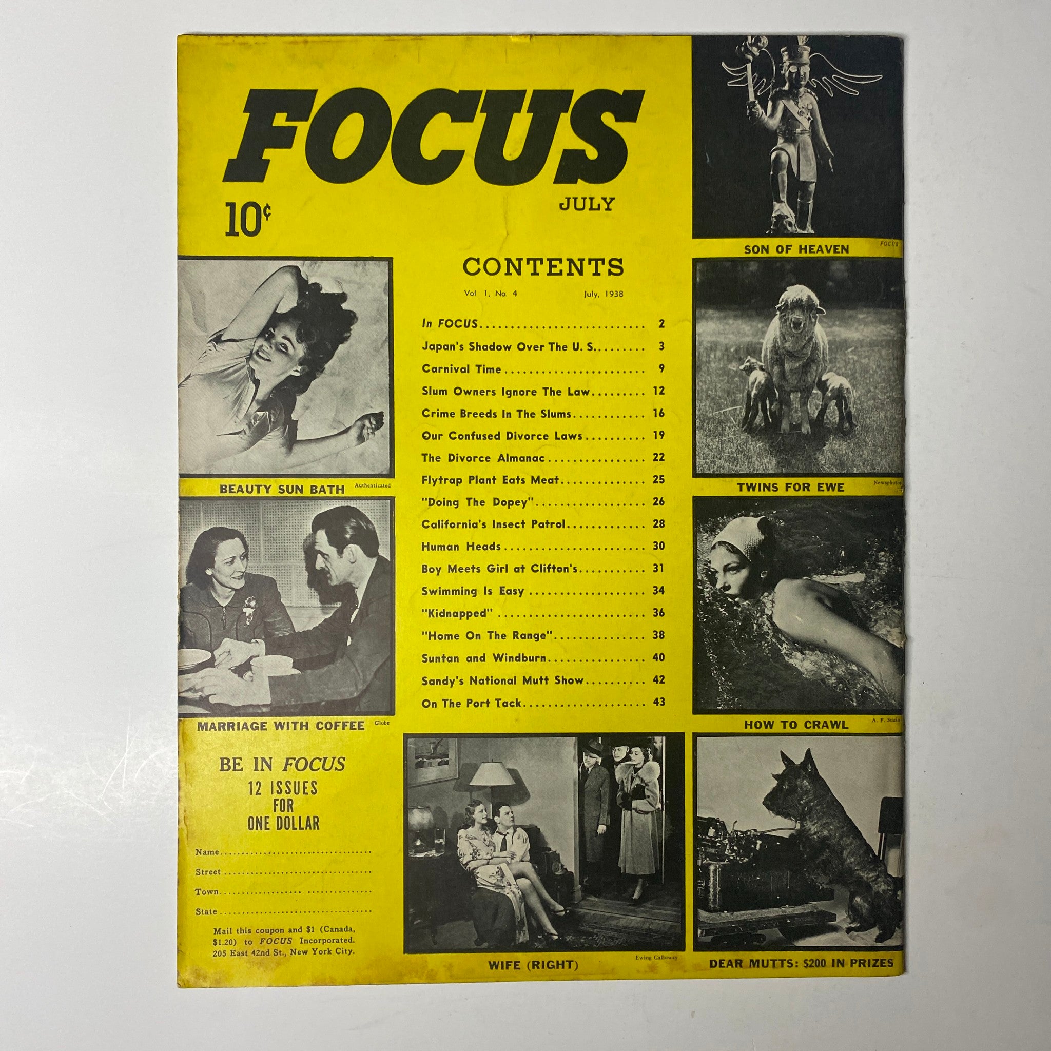 Cover page of Focus Magazine July 1938 Vol 1 No. 4, prominently featuring articles on social issues and leisure activities, with a vibrant yellow and black design.