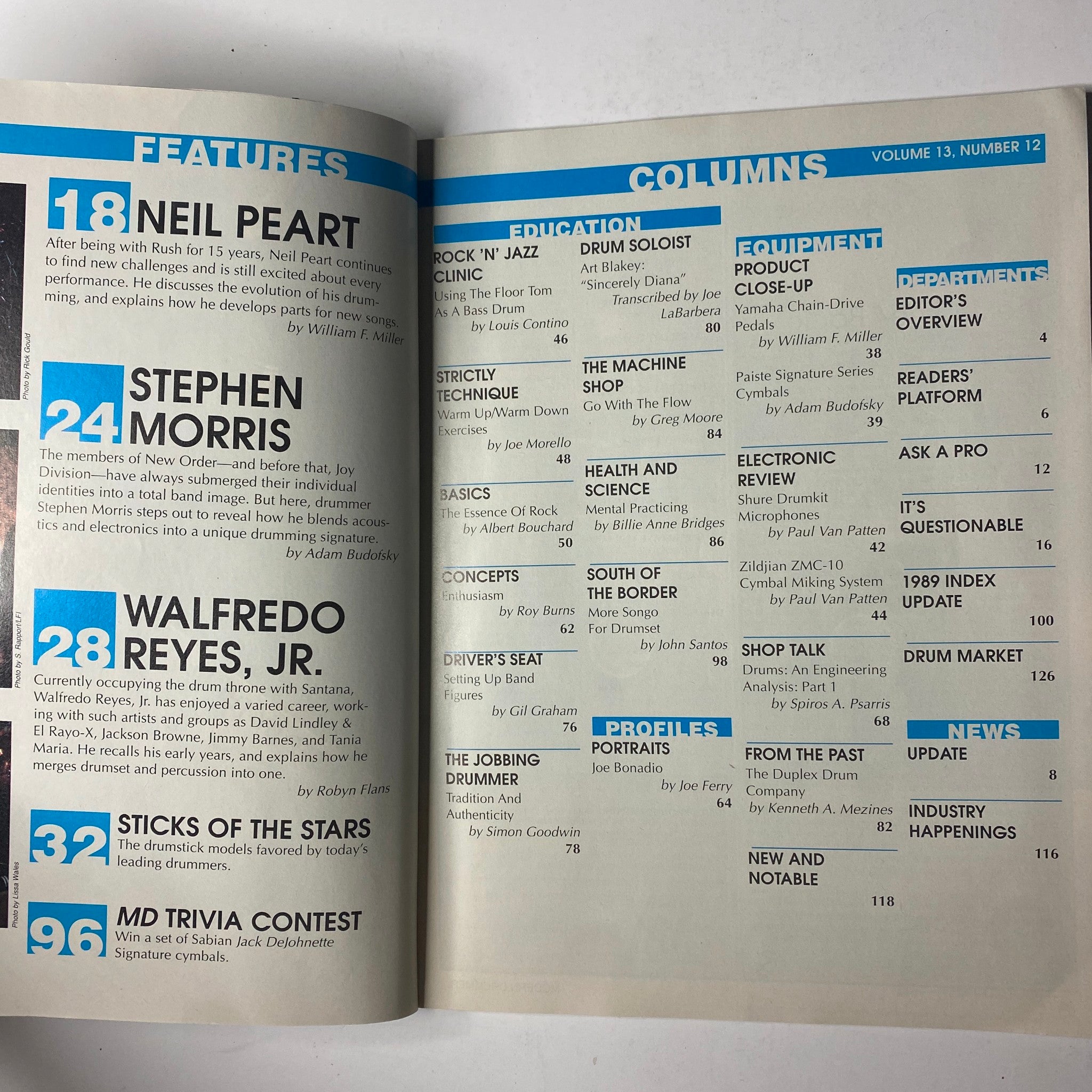 Table of contents from Modern Drummer Magazine December 1989 featuring Neil Peart, Stephen Morris, Walfredo Reyes Jr., and the MD Trivia Contest.