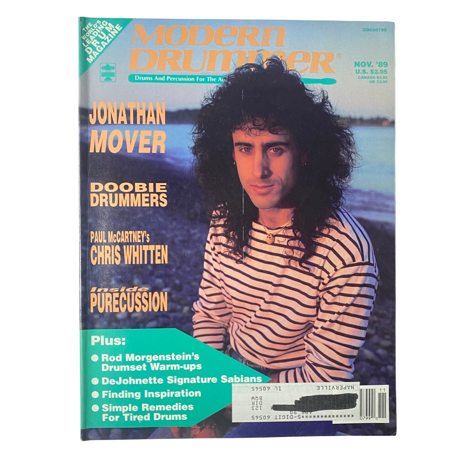 Cover of Modern Drummer Magazine November 1989 featuring Jonathan Mover, highlighting articles on Chris Whitten and Doobie Drummers.