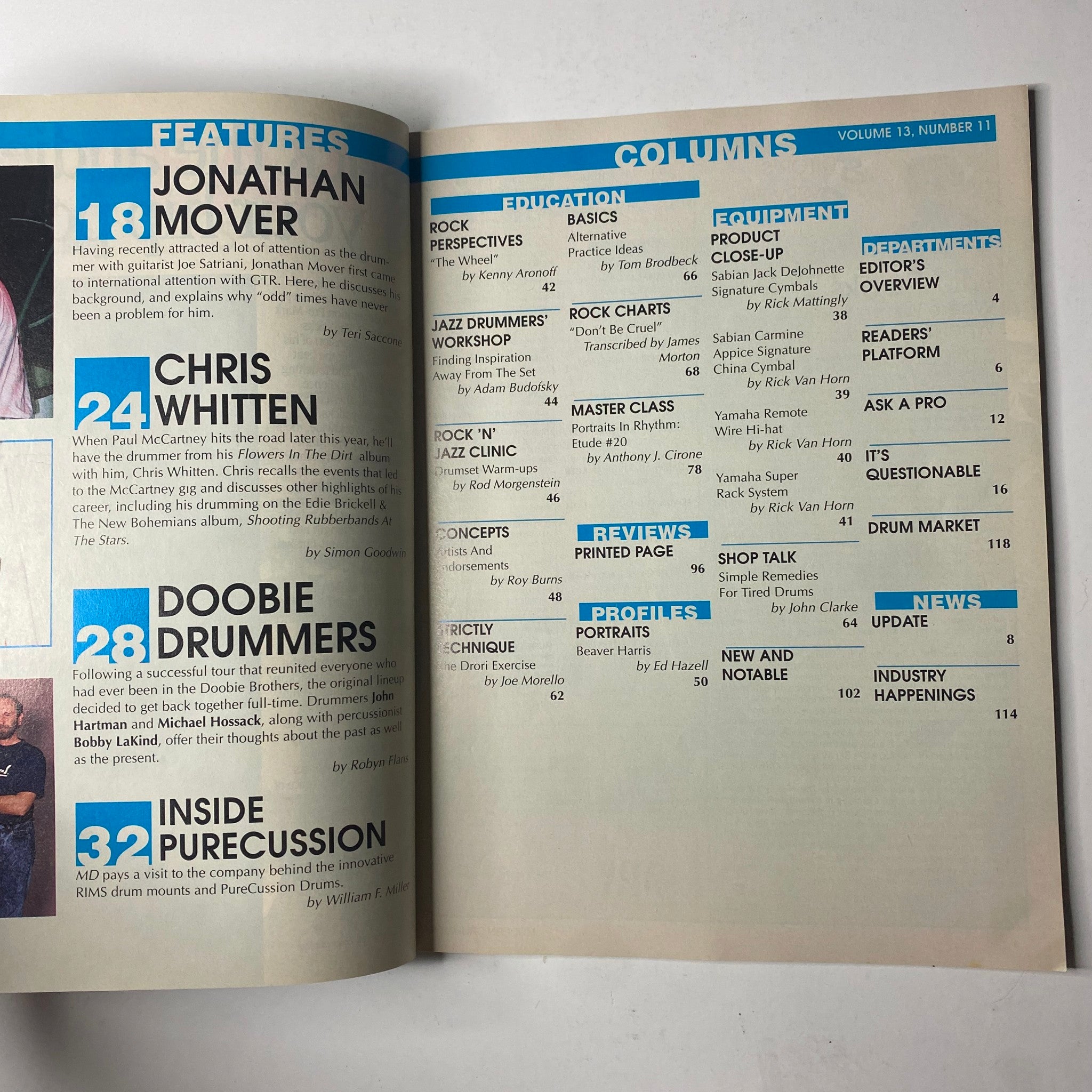 Interior page from Modern Drummer Magazine November 1989 listing features and columns, including Jonathan Mover, Chris Whitten, and Doobie Drummers.