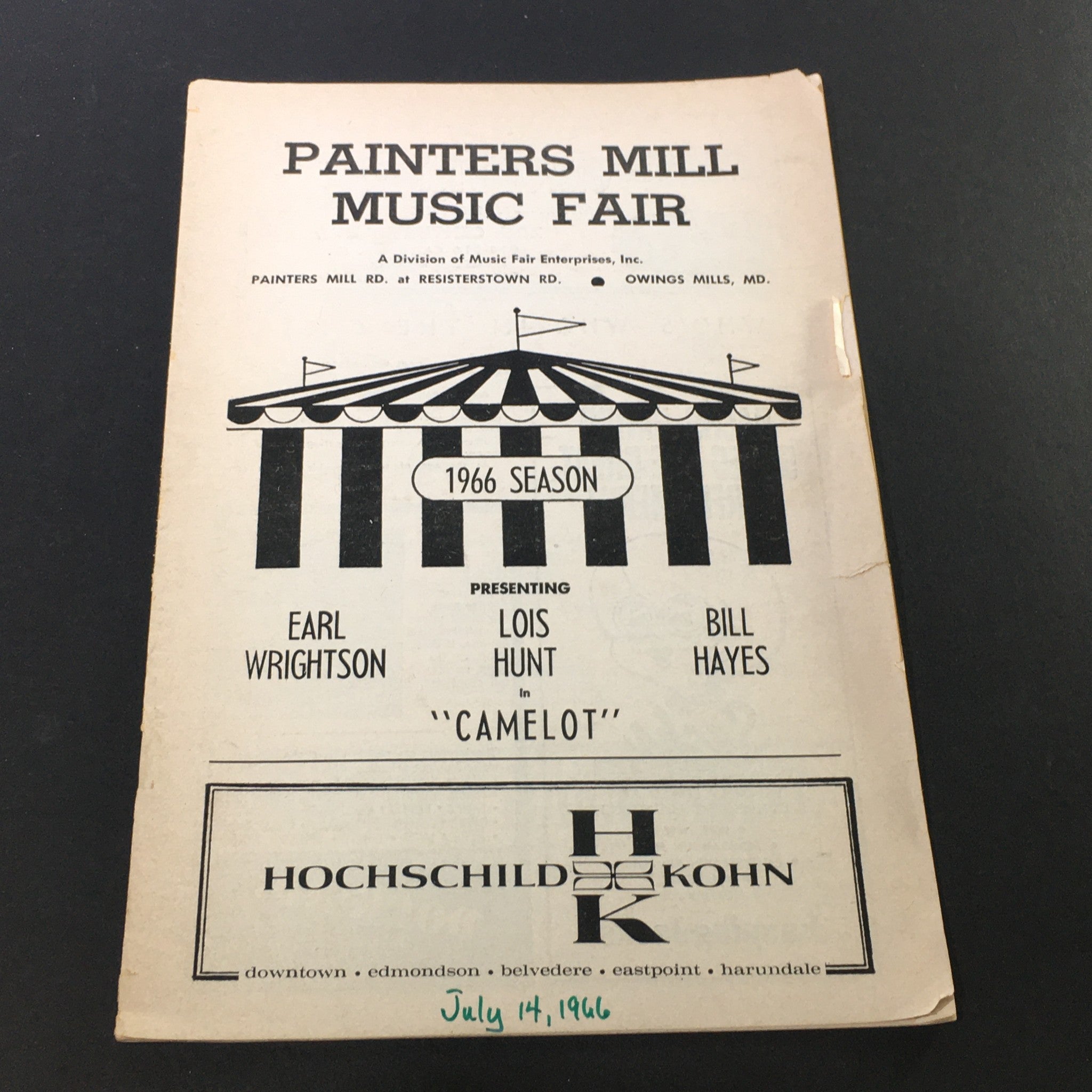 Vintage program from the Painters Mill Music Fair, dated July 14, 1966, featuring the musical 'Camelot' starring Lois Hunt and Earl Wrightson.