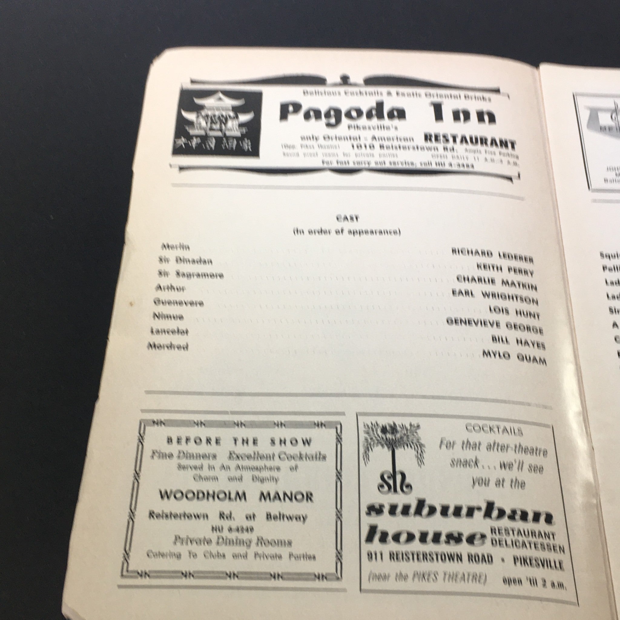Inside page of the vintage program from the Painters Mill Music Fair showing the cast list, including Lois Hunt and Earl Wrightson, from the musical 'Camelot' performed on July 14, 1966.