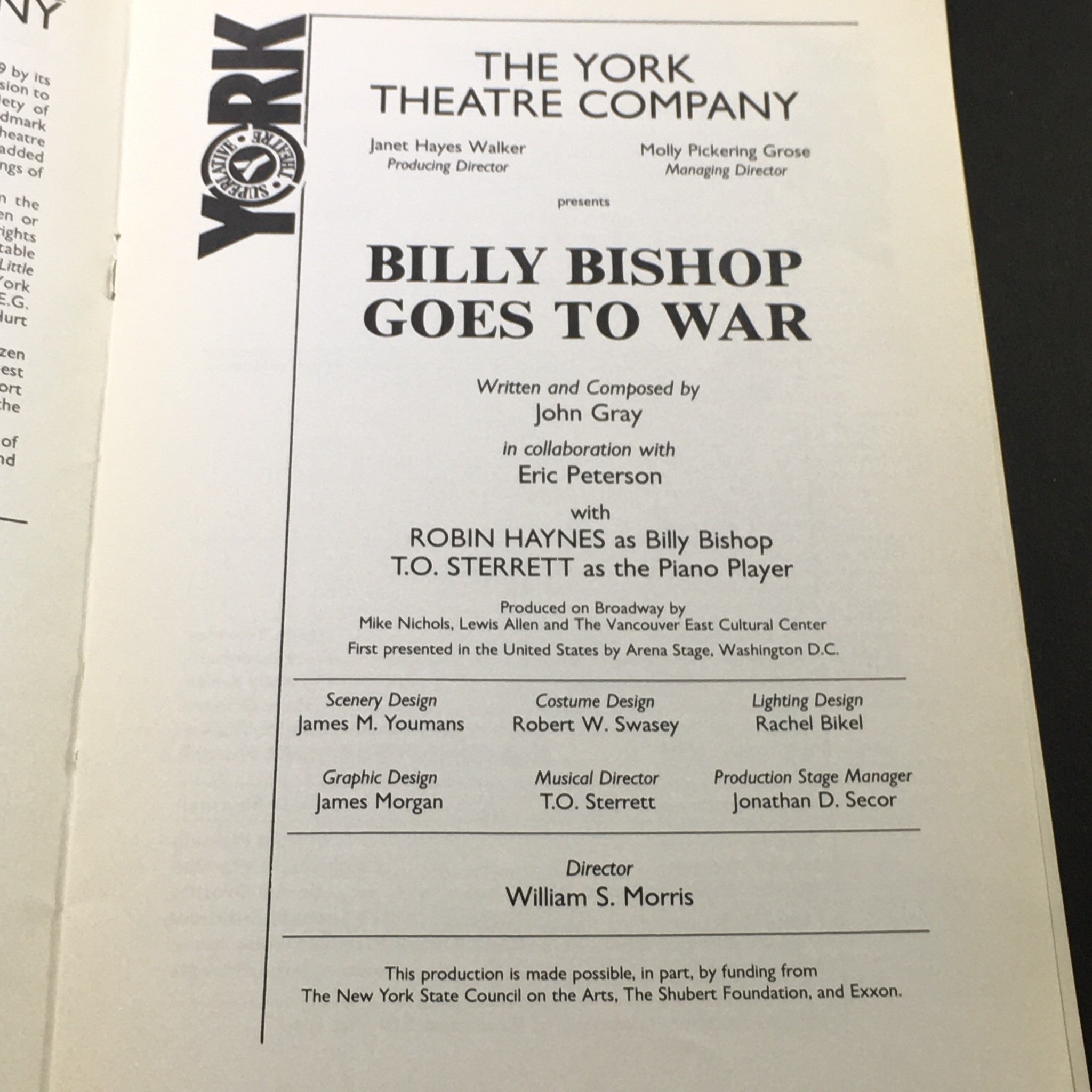 VTG The York Playgoer March 1 1987 - Billy Bishop Goes To War by John Gray