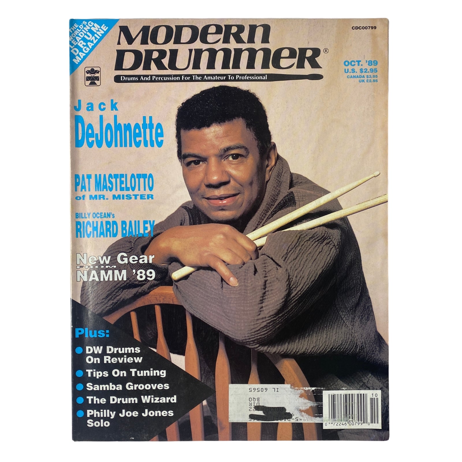 Modern Drummer Magazine October 1989 featuring Jack DeJohnette on the cover, showcasing articles about drumming and prominent drummers.