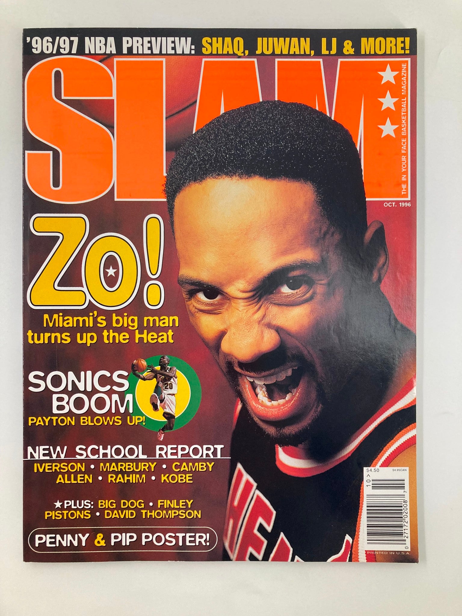Cover of Slam Magazine from October 1996 featuring NBA star Alonzo Mourning. The cover highlights Miami Heat's big man with the title 'Zo!' and includes previews for the 1996-97 NBA season.