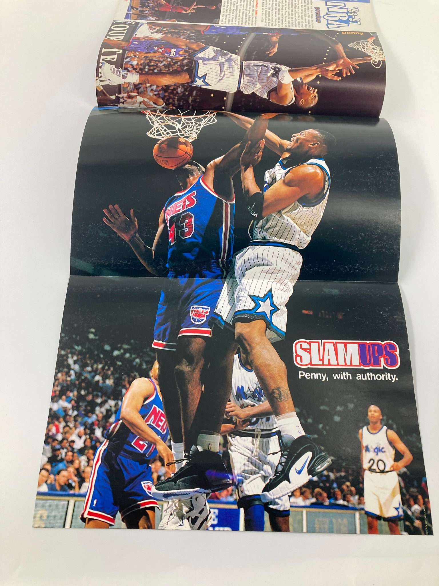 Slam Magazine October 1996 poster featuring Penny Hardaway in a dynamic dunk, labeled 'Penny, with authority', highlighting the thrilling moments of 90s basketball action.