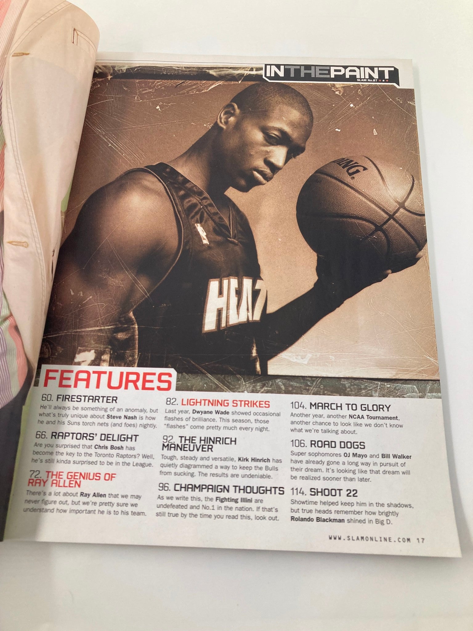 Inside page of Slam Magazine May 2005 showcasing Dwyane Wade with information about features in the magazine, including 'FIRESTARTER' and a photo of Wade in a Miami Heat uniform.