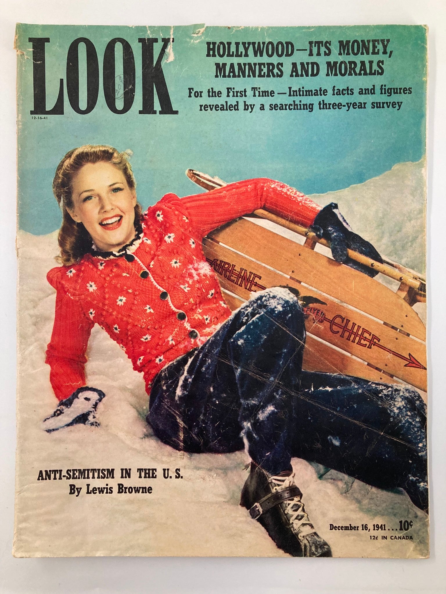 VTG Look Magazine December 16 1941 Barbara Britton Having Romp in Snow No Label