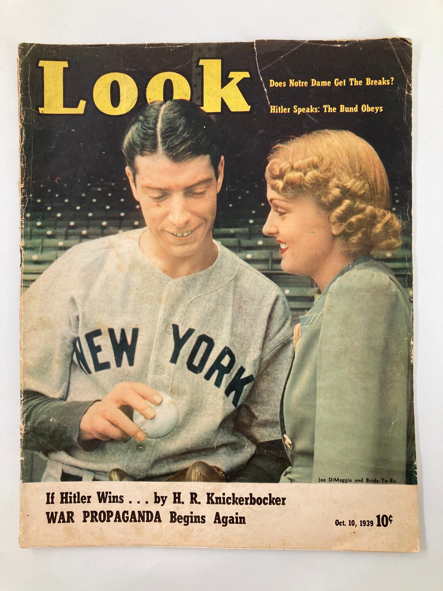 VTG Look Magazine October 10 1939 Joe DiMaggio and Bride-To-Be No Label