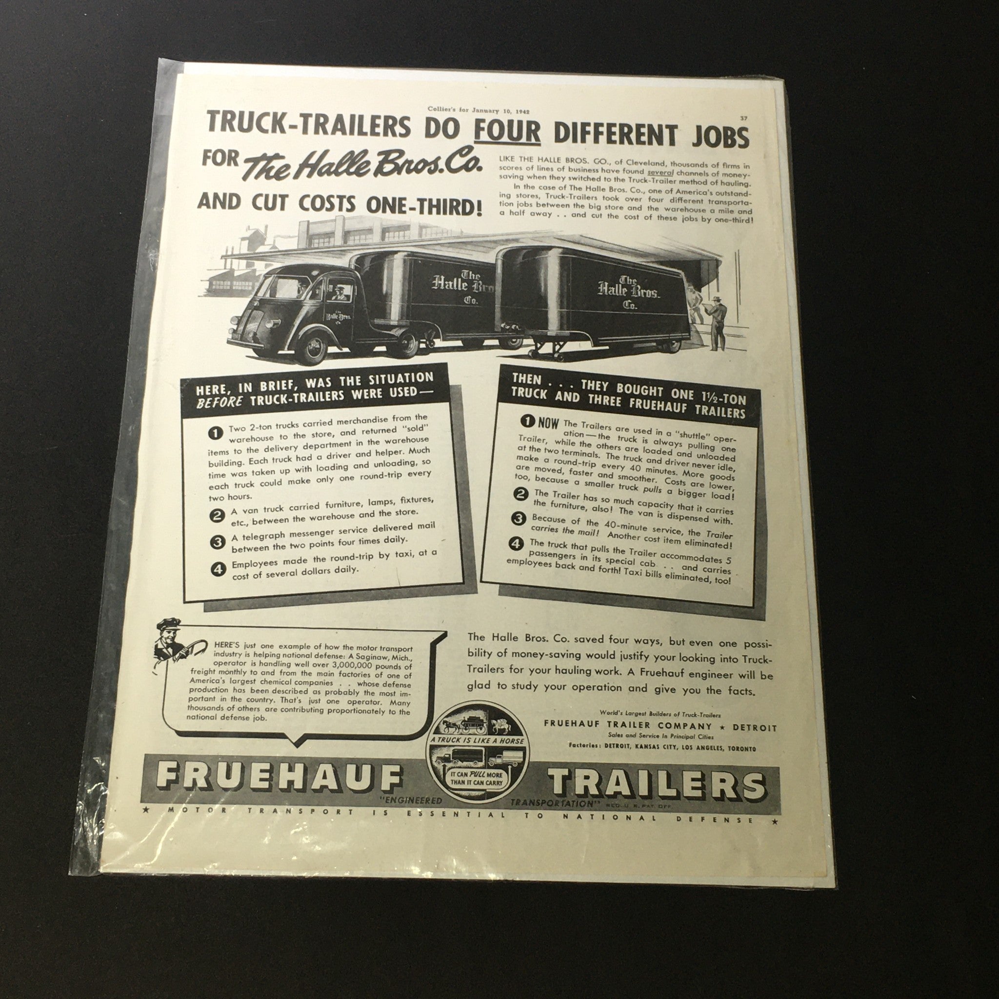 Vintage Fruehauf Trailers Print Ad January 10 1942 featuring The Halle Bro's Co. Truck showcasing the various jobs truck-trailers can perform.