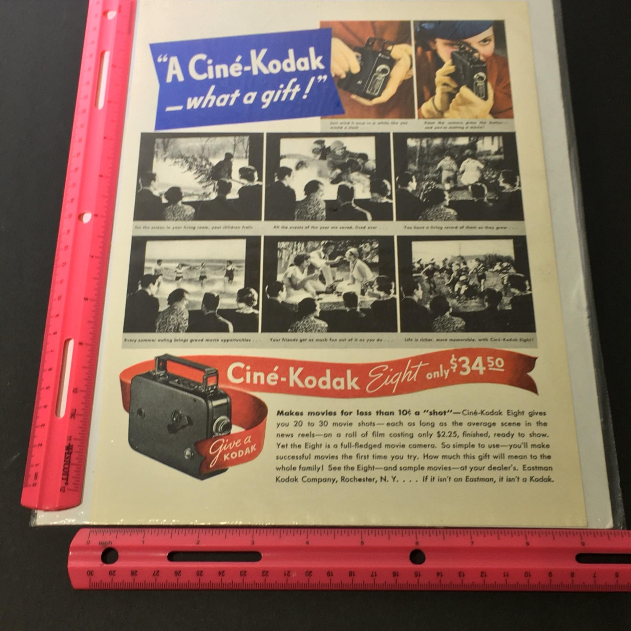 VTG 1929 Cine-Kodak Eight Model BB for 50-ft reels Print Ad