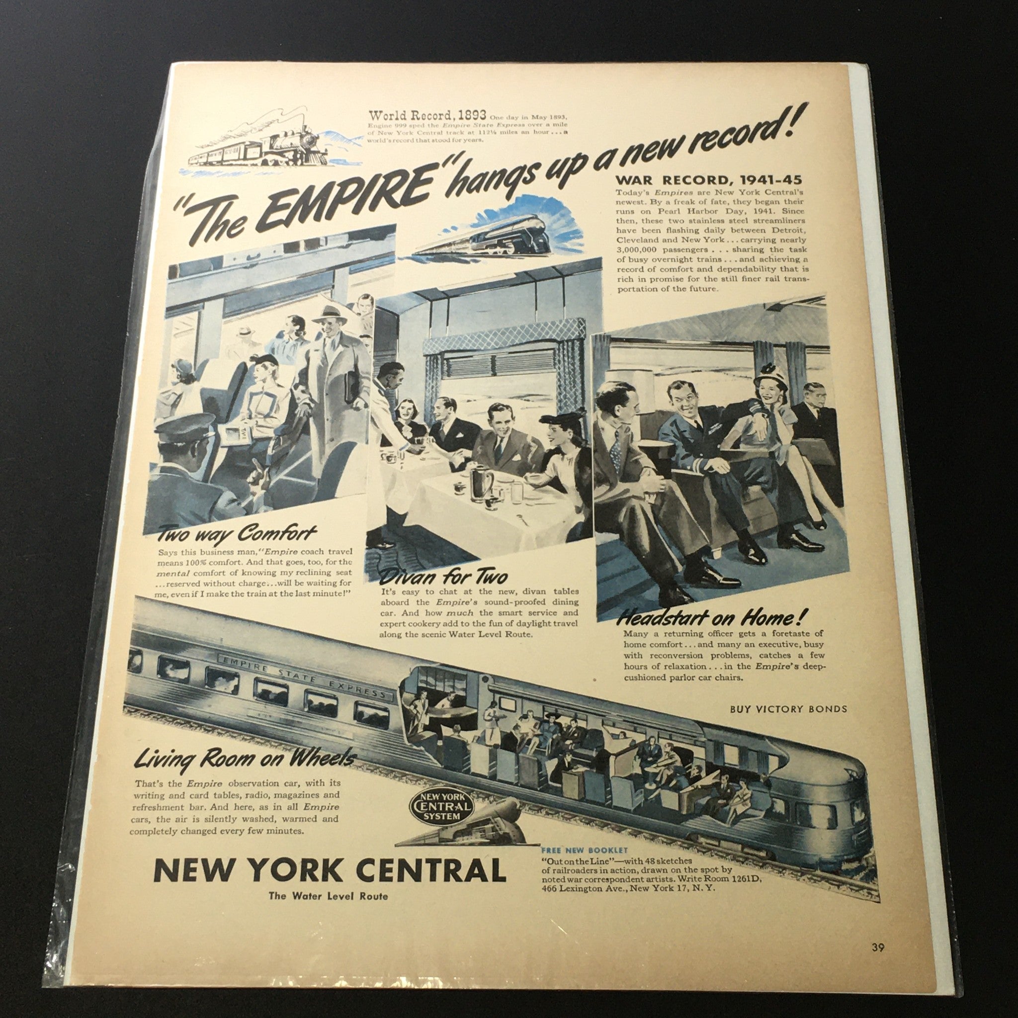 VTG 1941-1945 New York Central System Empire Trains Print Ad featuring classic train illustrations and vintage advertisement design, showcasing luxurious travel experiences and dining aboard the Empire Trains.