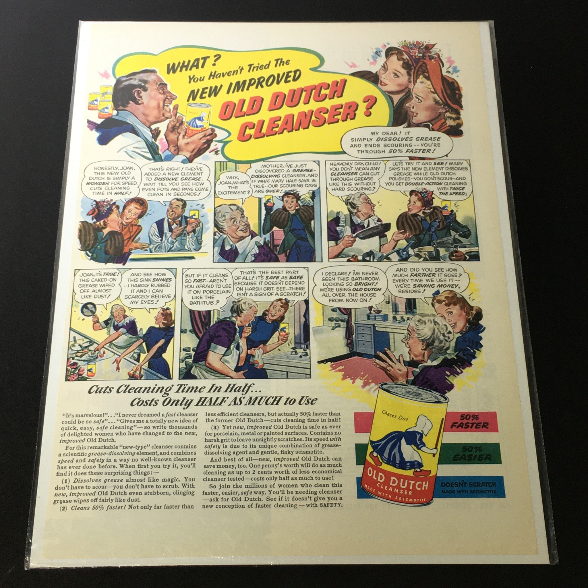 VTG 1940 Old Dutch Cleanser Made with Seismotite print advertisement showcasing a colorful layout with dialogues highlighting the product features and cleaning efficiency.