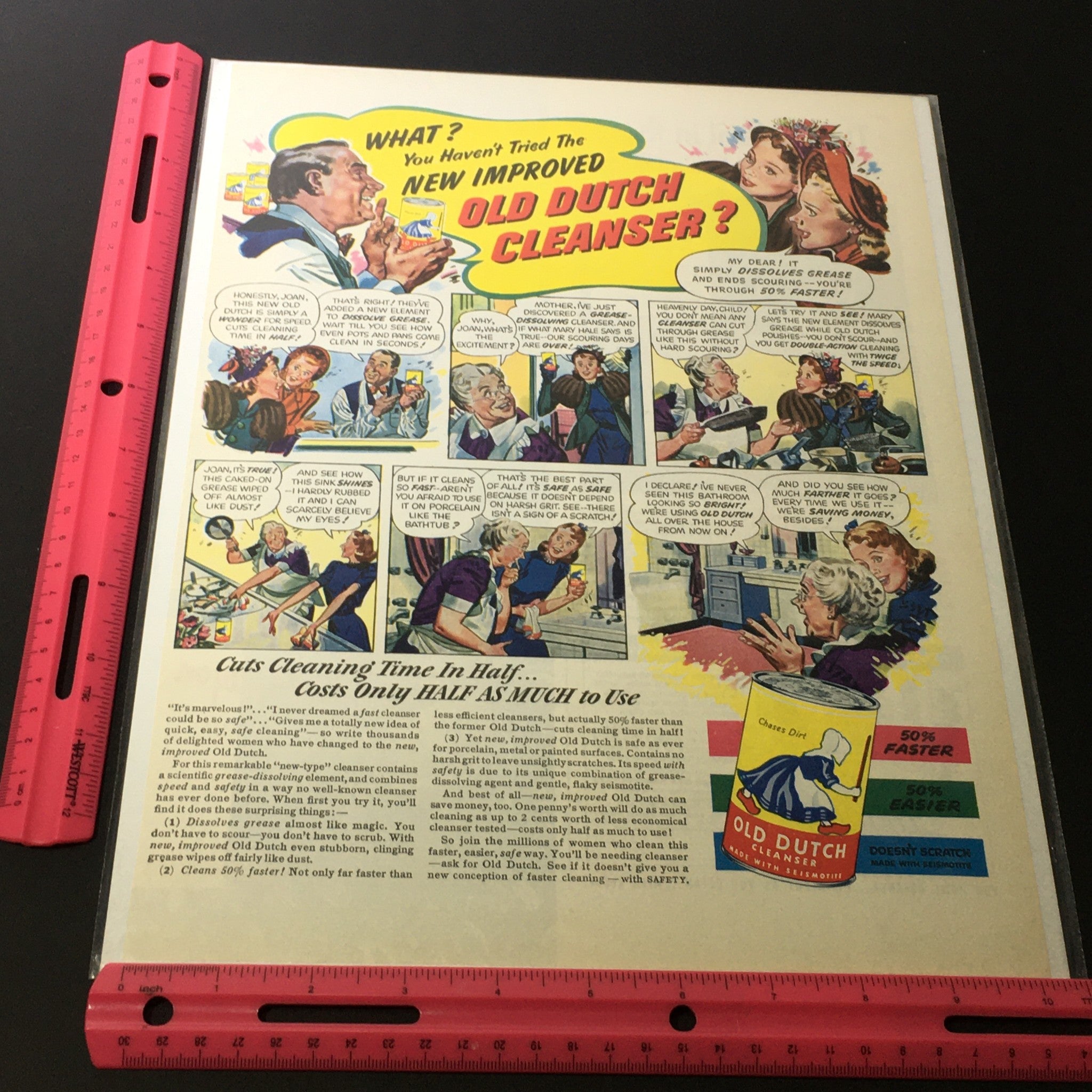 VTG 1940 Old Dutch Cleanser Made with Seismotite print advertisement displayed with a ruler for scale, emphasizing the vibrant design and product details.