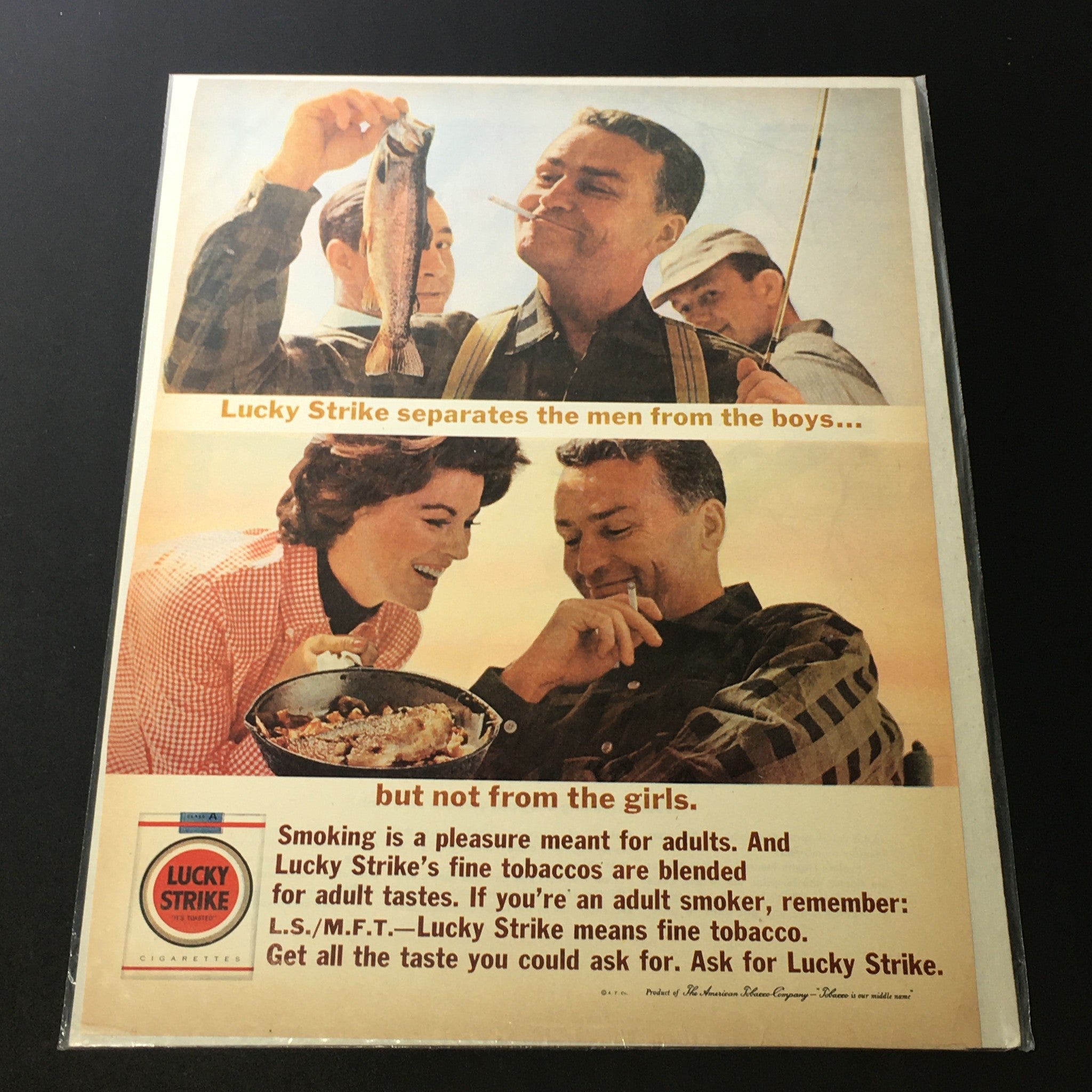 VTG 1940 The American Tobacco-Company Lucky Strike Cigarettes Print Ad featuring a man with a fish and a smiling couple, emphasizing the tagline about smoking pleasures for adults.