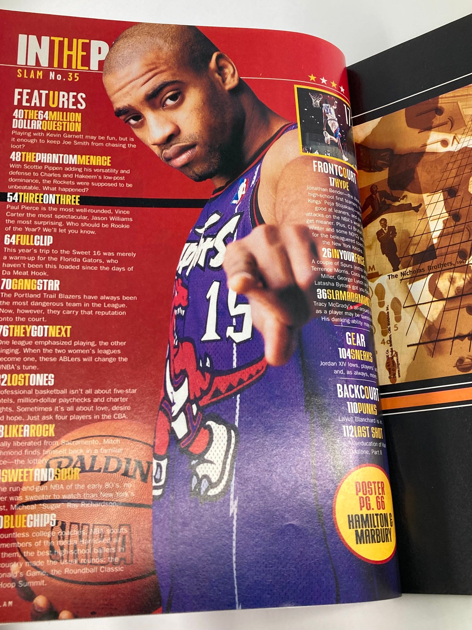 Inside page of Slam Magazine August 1999 featuring Vince Carter, emphasizing key features and statistics related to his rookie season with the Toronto Raptors.